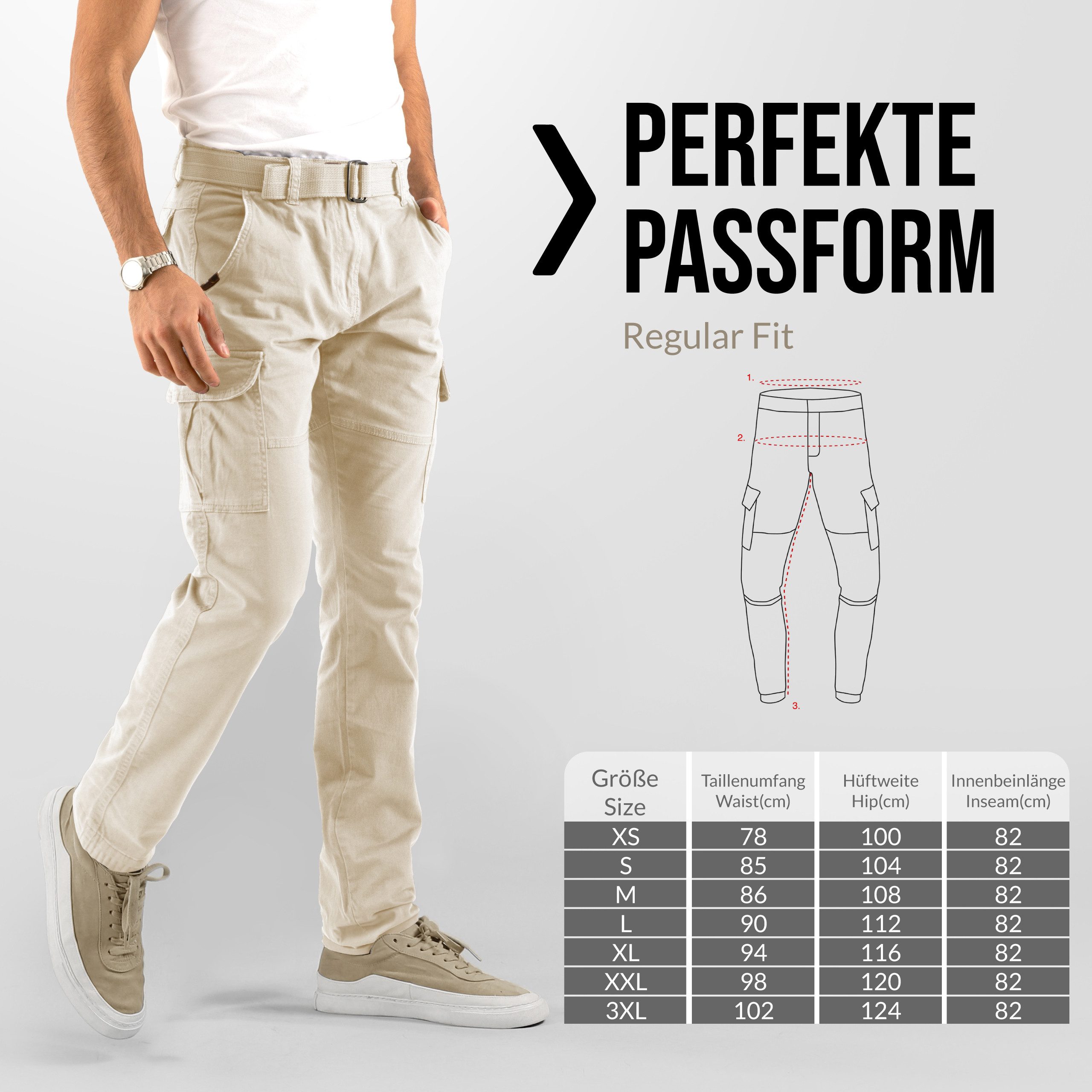Indicode Cargohose Herren William Cargo Hose Herrenhose mit 7 Taschen, inkl. Gürtel