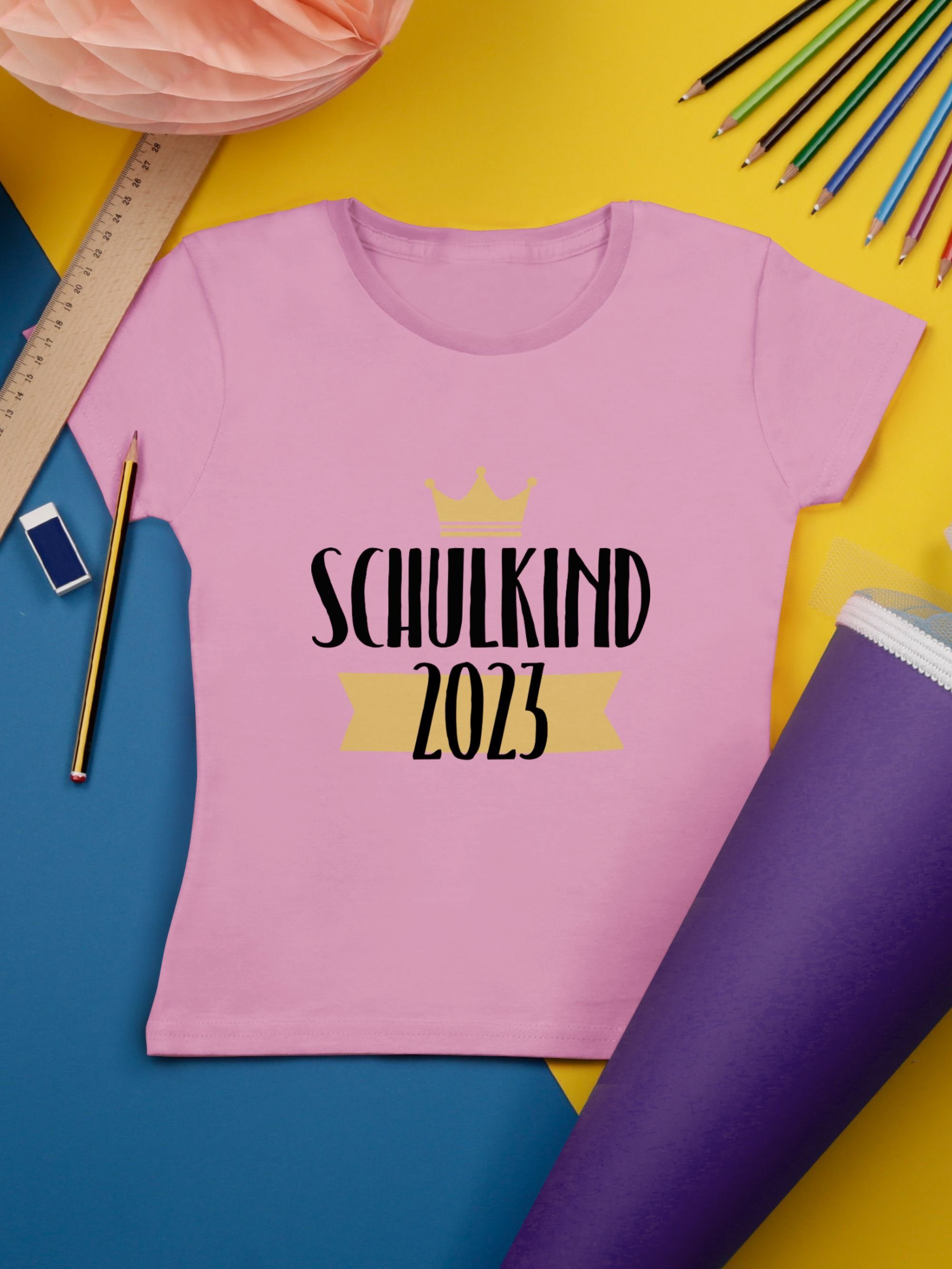 Shirtracer T-Shirt Schulkind 2023 Krone Einschulung Rosa 2 Mädchen mit