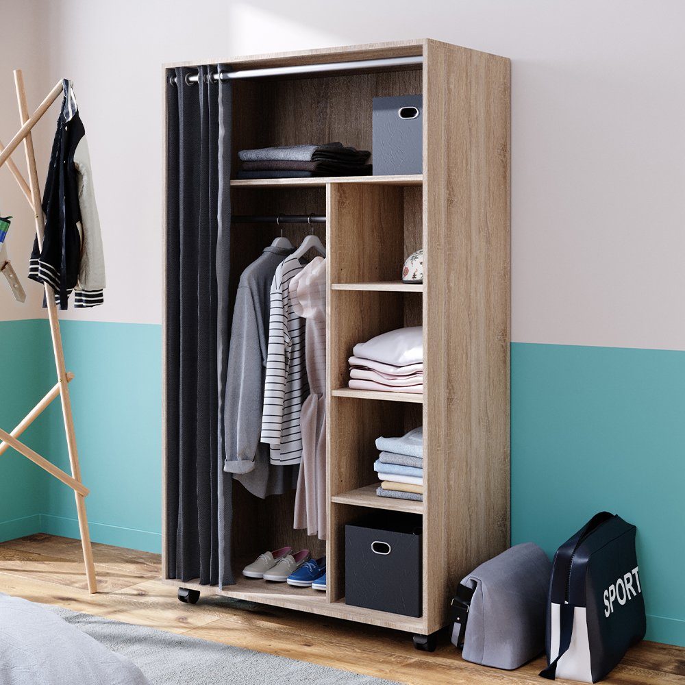 Kleiderschrank Doros, Sonoma, 100 x 168 cm offen, mit Rollen