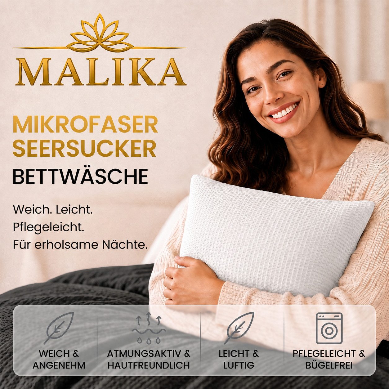 Malika Bettwäsche aus 100 % Mikrofaser, 135x200 + 80x80 cm, Seersucker, Schwarz-Weiß, Seersucker, 2 teilig, Für Allergiker geeignet, pflegeleicht, angenehm weicher Stoff