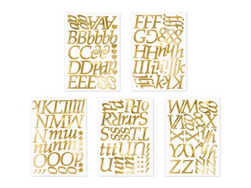 partydeco Sticker, Buchstaben Aufkleber 5 Bögen - 143 Buchstaben 25 Zeichen Sticker Gold
