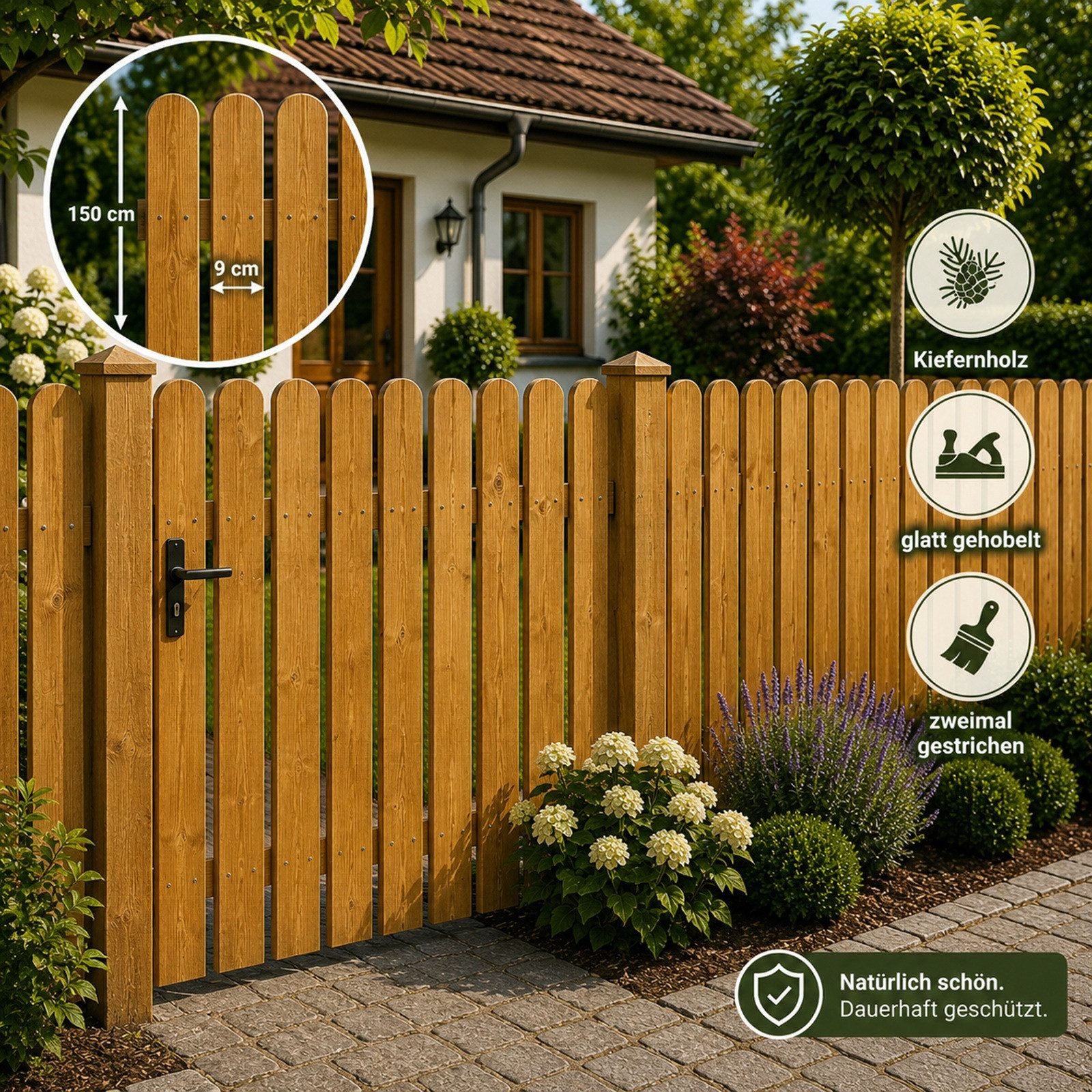 QLS Holzzaun 1 Stk. Zaunlatte 150 cm in 3 Farben, Holz Brett Kiefer Fichte Gehobelt Gartenzaun