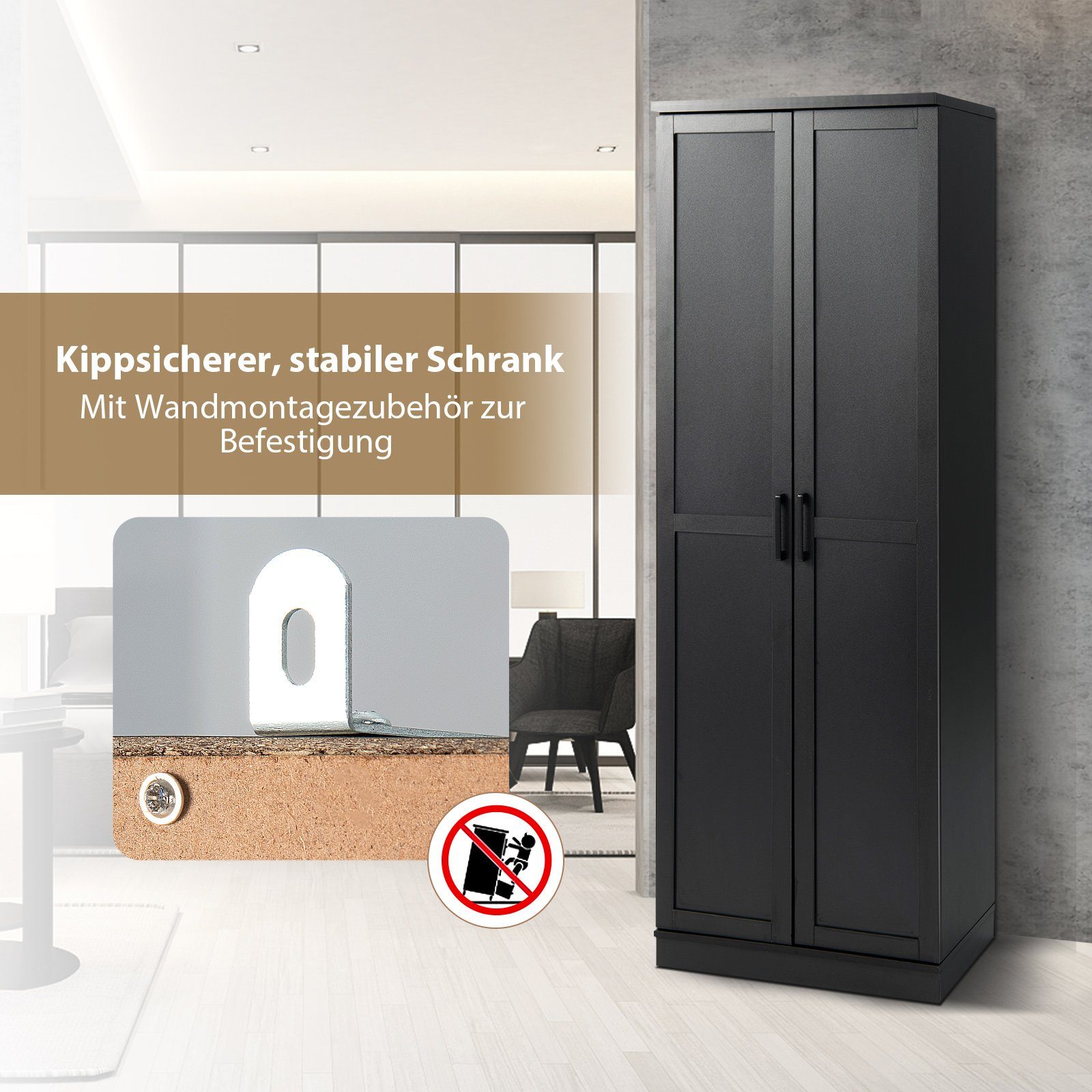 Türen hoch, Küchenschrank schwarz mit Küchenbuffet & COSTWAY Regalen, 59x43,5x178cm