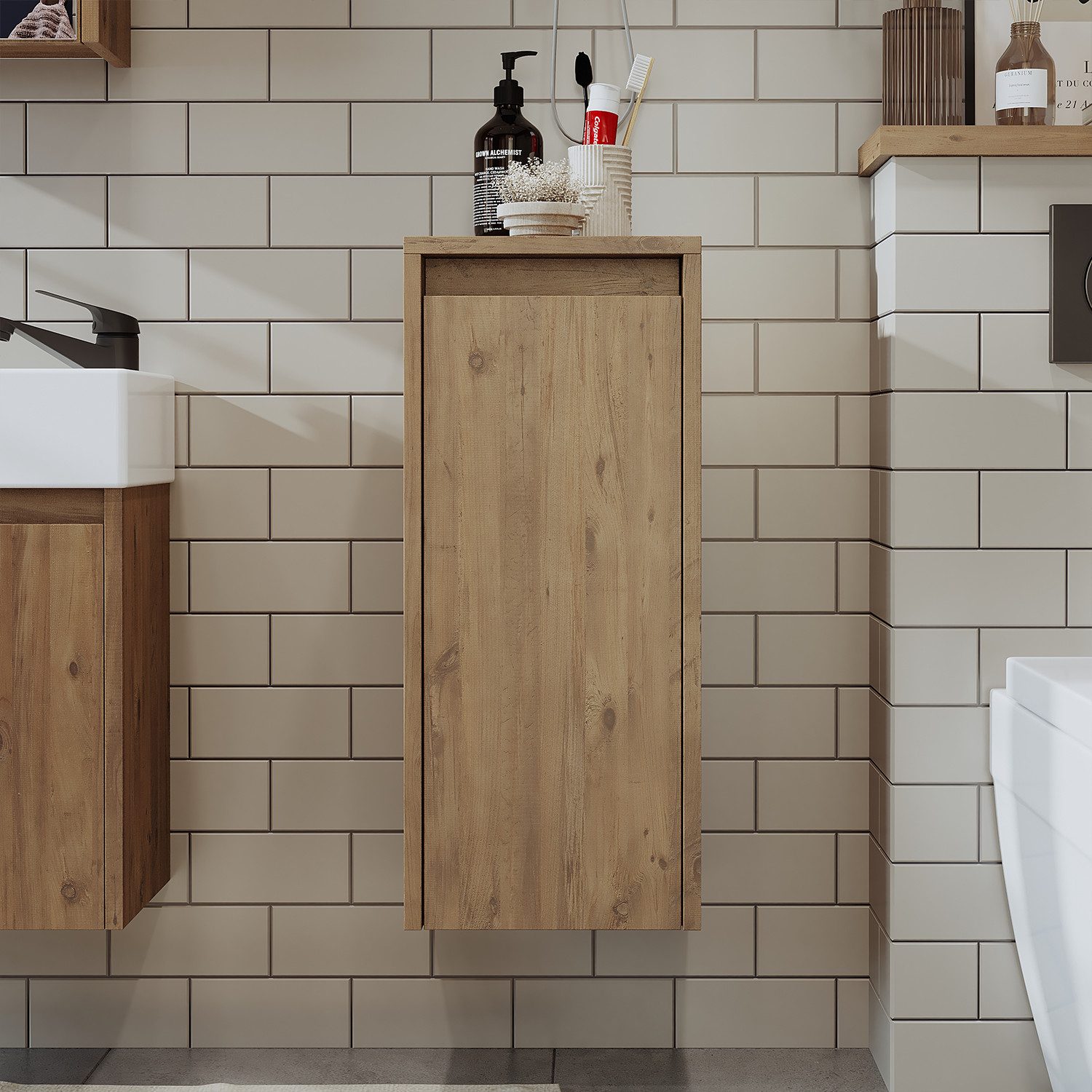 Roomart Badmöbel-Set MINI 50 hängend, 25 cm tief, Soft-Close, Keramikbecken in 5 Farben, (Komplett-Set für Badezimmer, Gäste WC, Unterschrank mit Waschbecken, Seitenschrank, Spiegelschrank), Soft-Close, Wandmontage, Keramikbecken inkl., 5 Farben, 25 cm tief
