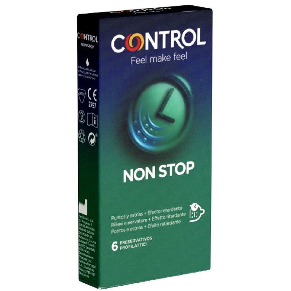 CONTROL CONDOMS Kondome Non Stop (Dots & Lines) Packung mit, 6 St., Kondome gegen vorzeitigen Samenerguss, gerippt/genoppte Kondome für längere Liebe