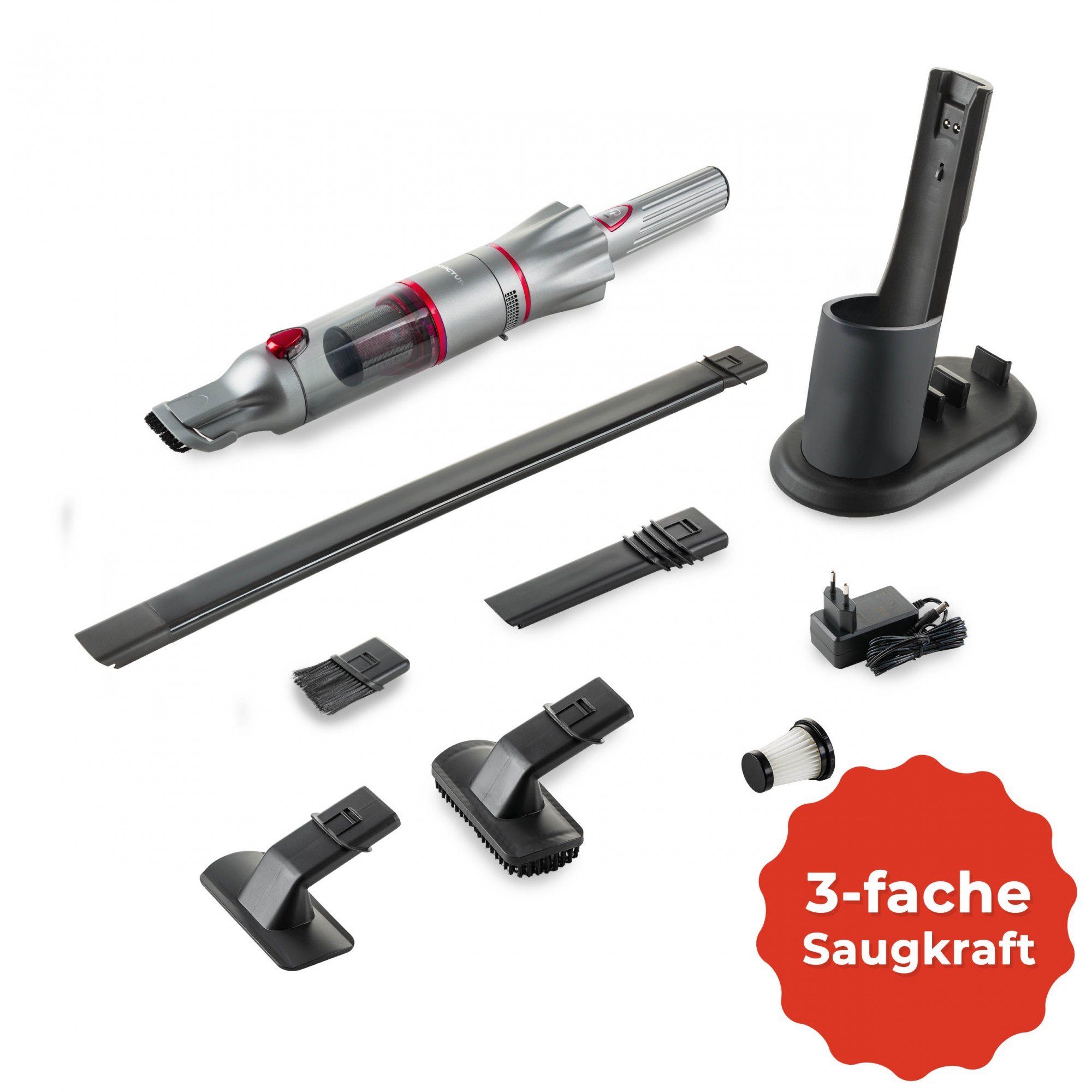 Genius Akku-Handstaubsauger Invictus One 2.0 Handstaubsauger + Bodenset Zubehör, 90 W, 12-tlg rot - Handsauger beutellos & kabellos mit 13000PA