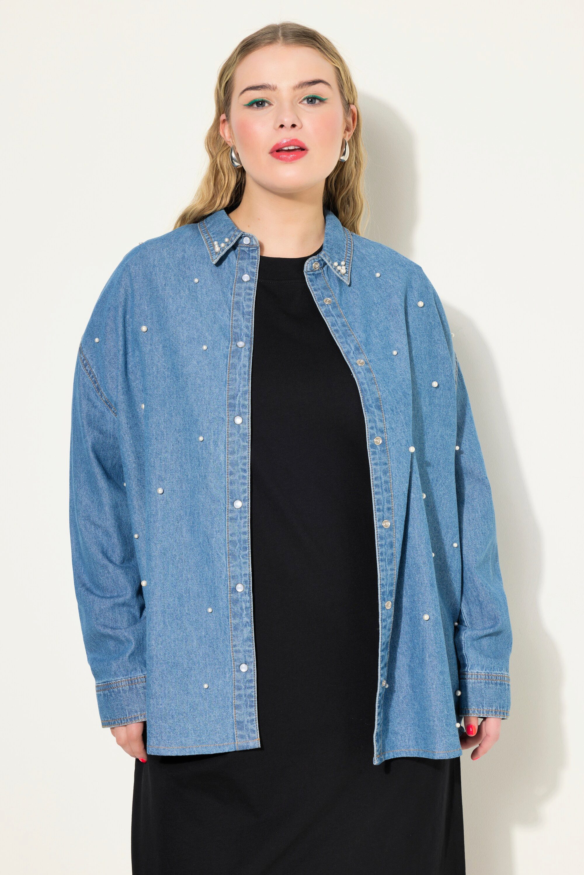 Hemdbluse Jeanshemd oversized Zierperlen Langarm