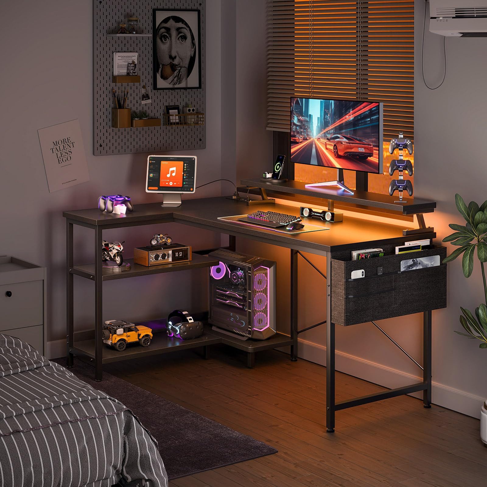 ODK Gamingtisch L Form mit LED-Beleuchtung und integrierter Steckdose (1-St), 120cm Schwarz Eckschreibtisch mit Monitorständer und Stauraum