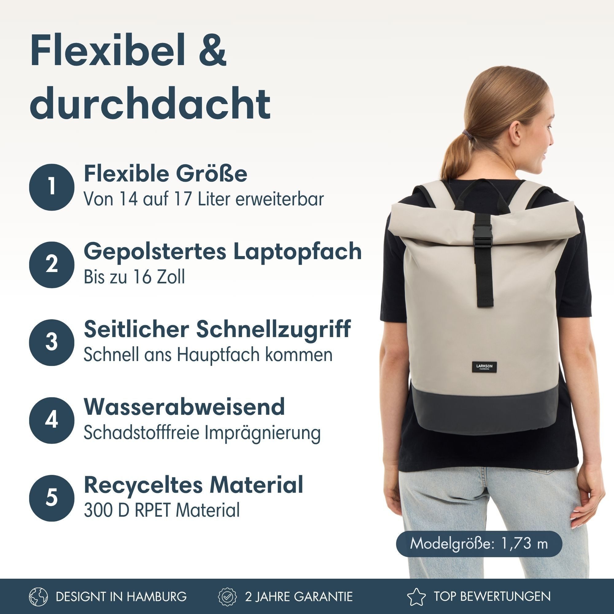 LARKSON Cityrucksack Janne Tagesrucksack 14-17 Liter für Damen & Herren (1-tlg), Flexible Größe, Gepolstertes Laptopfach, Wasserabweisend