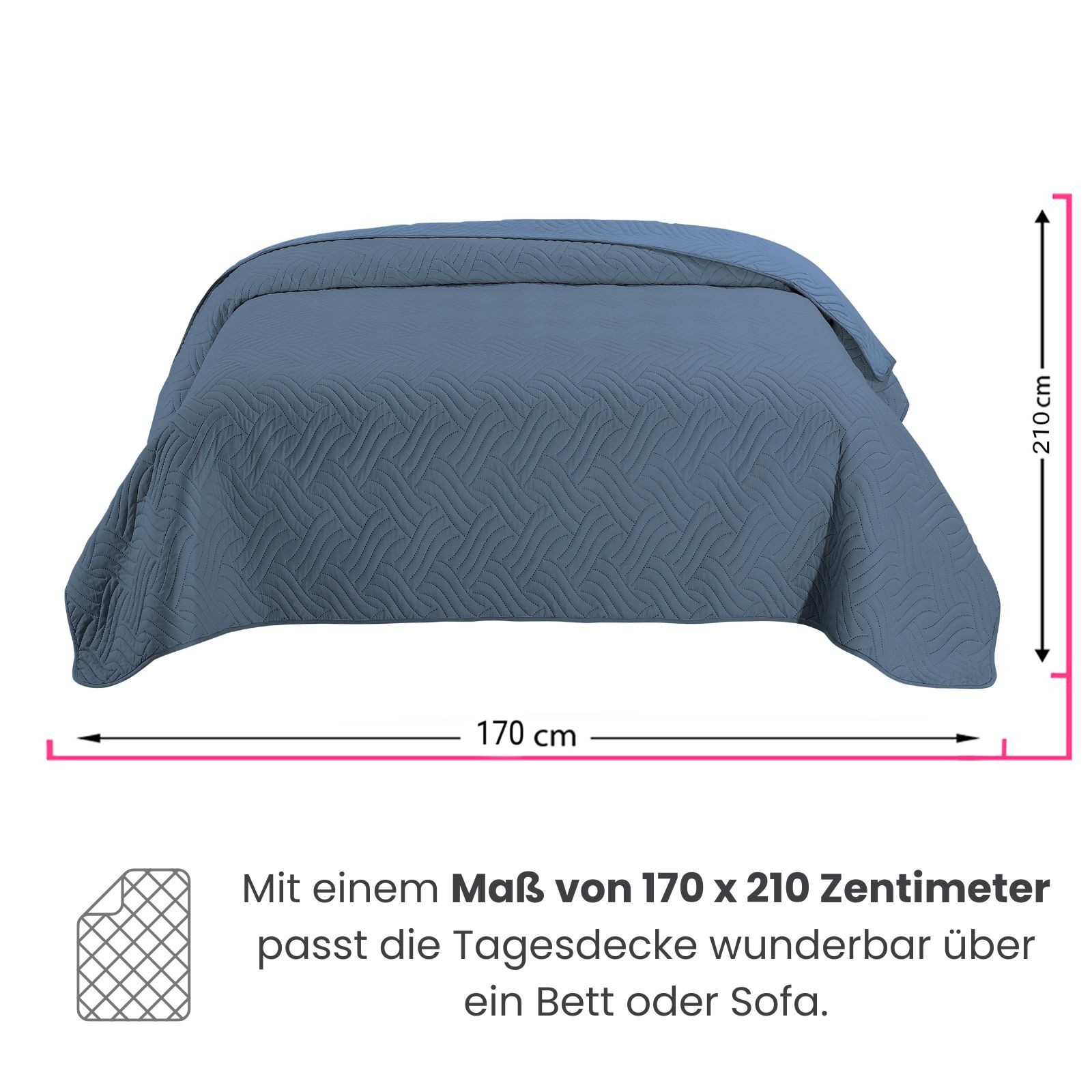 wometo Tagesdecke Wendedecke XXL aus samtweicher Microfaser in 170x210 cm, OEKO-TEX®, wattiert & gesteppt, Bettüberwurf, Sofaüberwurf – Bild 5 von 5