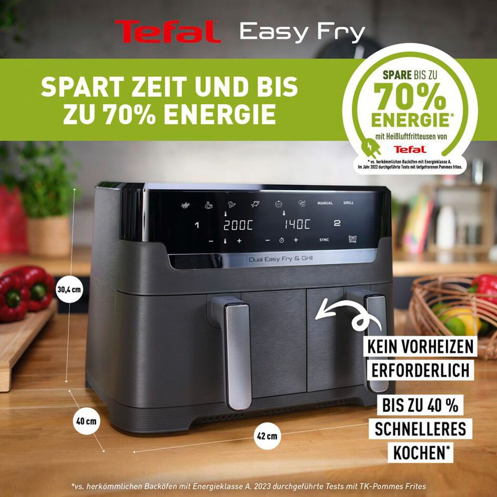 Tefal Heißluftfritteuse Dual Easy Fry & Grill EY905B, knusprig und gesünder kochen, 8 voreingestellte Programme, 2700 W, Doppelkammer, inkl. Grillplatten – Bild 4 von 5