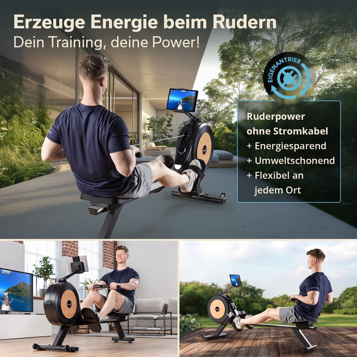 Skandika Rudergerät für zuhause Njord P6-G, 32 elektrische Widerstandsstufen, Magnetbremse (LED-Anzeige, Transportrollen, Tablet-Halter), Kinomap App, bis 200 cm und 135 kg, Selbstgenerierend, aufstellbar