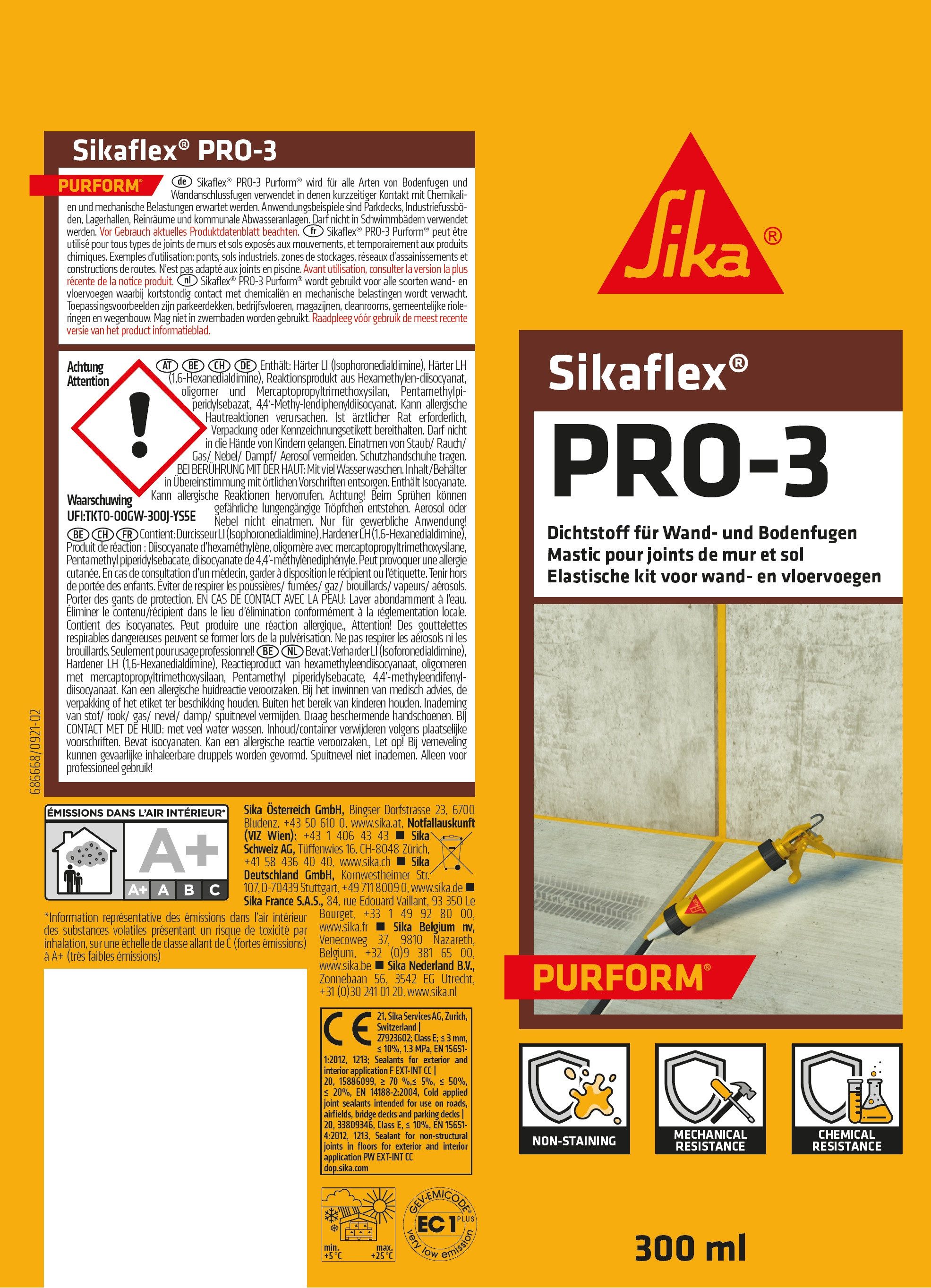 Sika Dichtstoff Sikaflex Pro 3 Polyurethan Dichtstoff 300ml Kartusche betongrau, gebrauchsfertig, Innen- und Aussenbereich