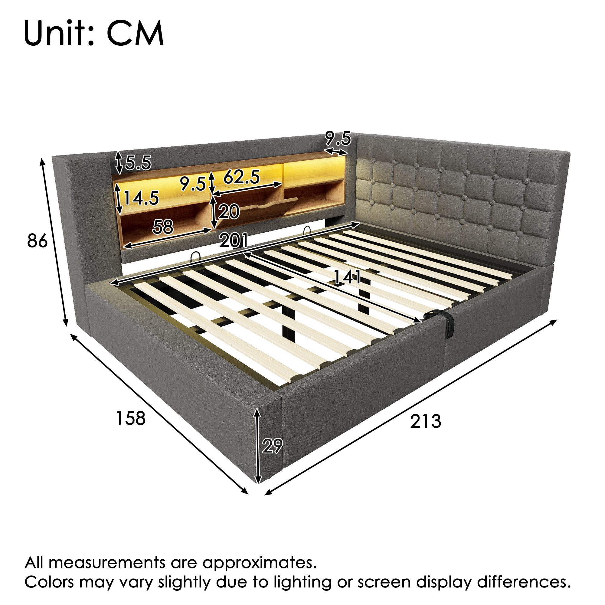 Ulife Polsterbett 140×200cm&weitere Größen mit Bettkasten, LED, hydraulischem Stauraum (1-tlg., Ohne Matratze), L-förmigem Kopfteil beidseitig montierbar, Kinde – Bild 2 von 5