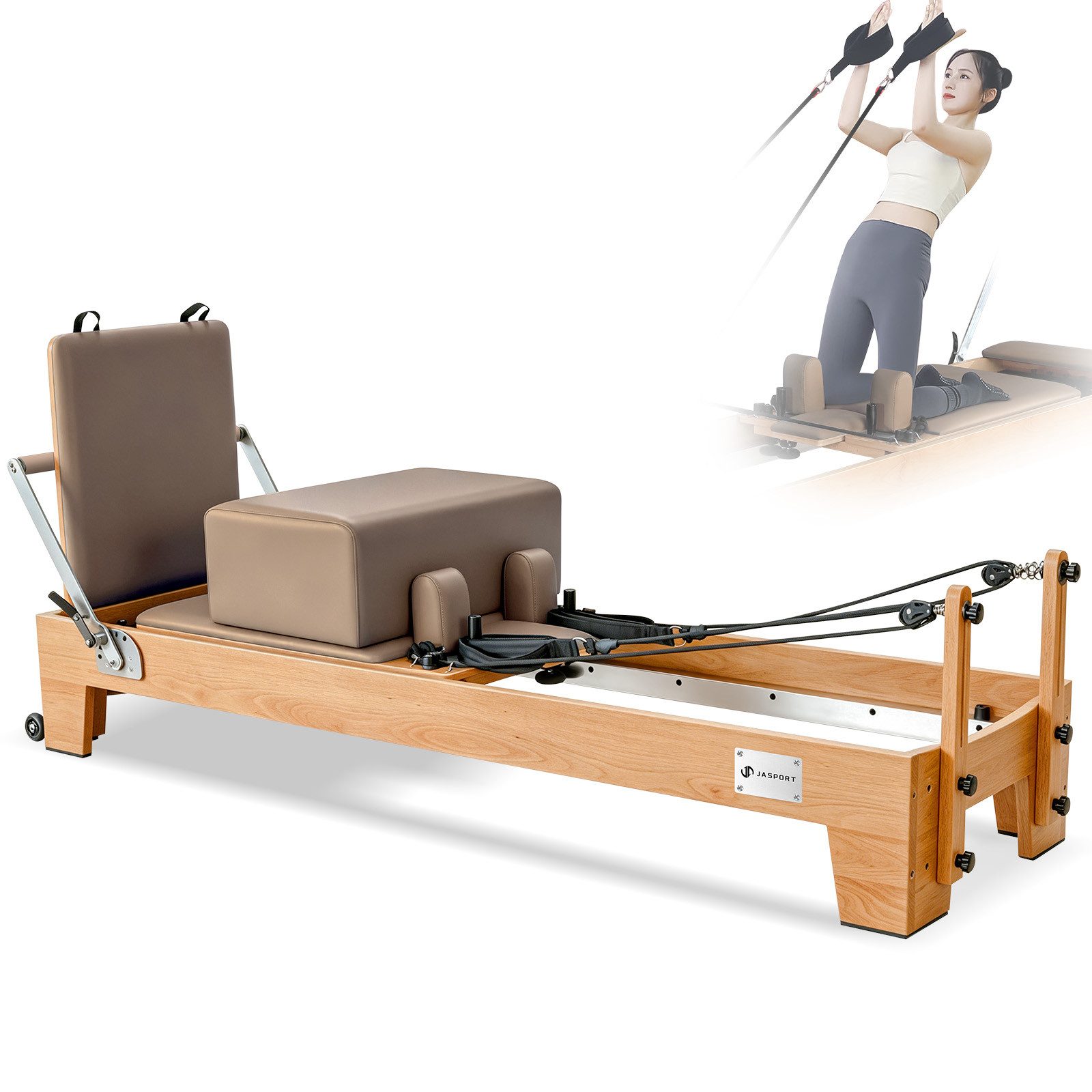 JASPORT Pilates-Reformer Hochwertige Holz-Reformer Serie für Pilates-Studios, (Komplettset mit 6 Federn, Sitzbox, Jumpboard und Fußschlaufen), Für Heimtraining und professionelle Studios geeignet