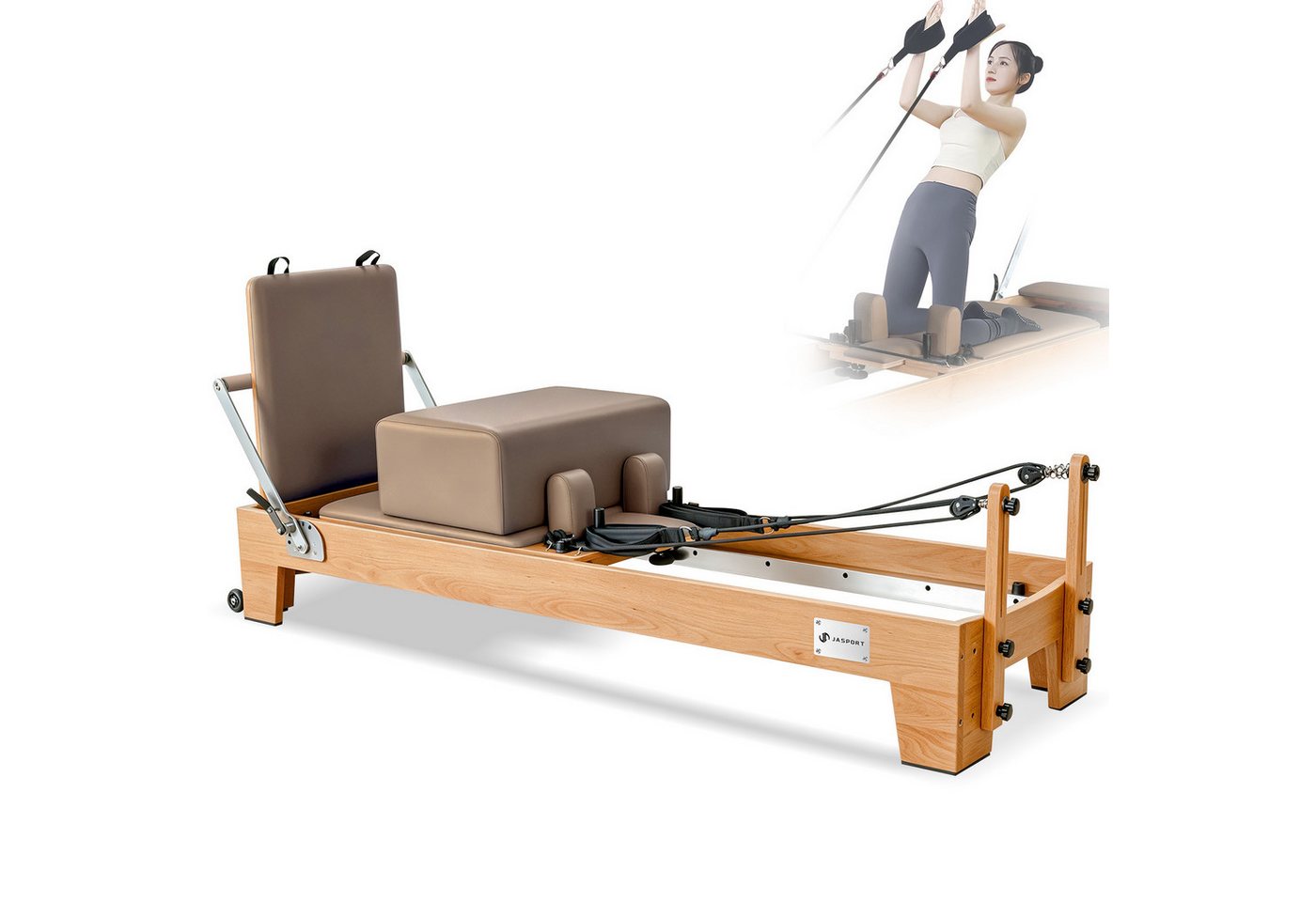 JASPORT Pilates-Reformer Hochwertige Holz-Reformer Serie für Pilates-Studios, (Komplettset mit 6 Federn, Sitzbox, Jumpboard und Fußschlaufen), Für Heimtraining und professionelle Studios geeignet
