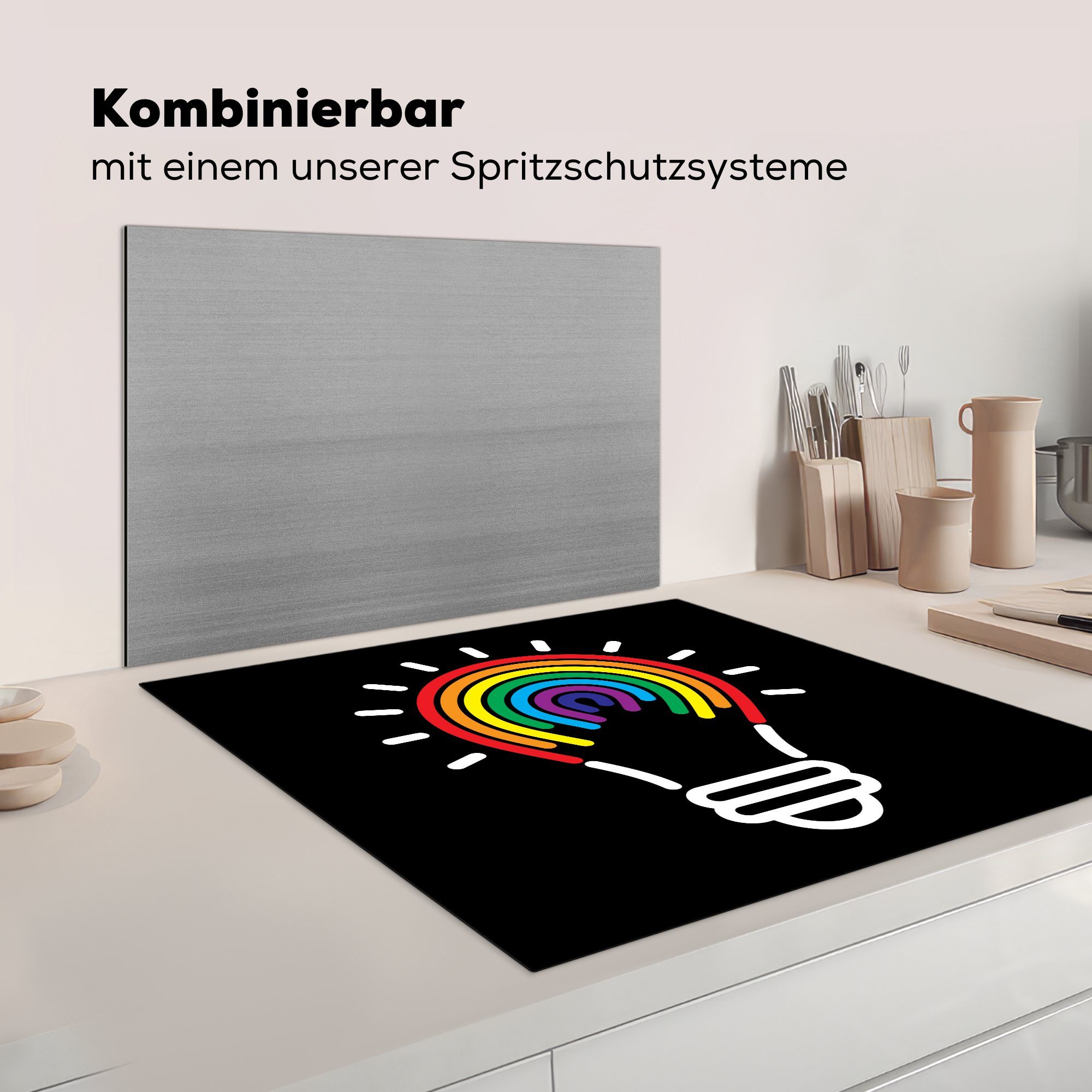 MuchoWow Herdblende-/Abdeckplatte Kinder Vinyl, Regenbogenfarben auf Ceranfeldabdeckung, 78x78 in küche für Arbeitsplatte (1 Glühbirne der schwarzem, Illustration tlg), cm