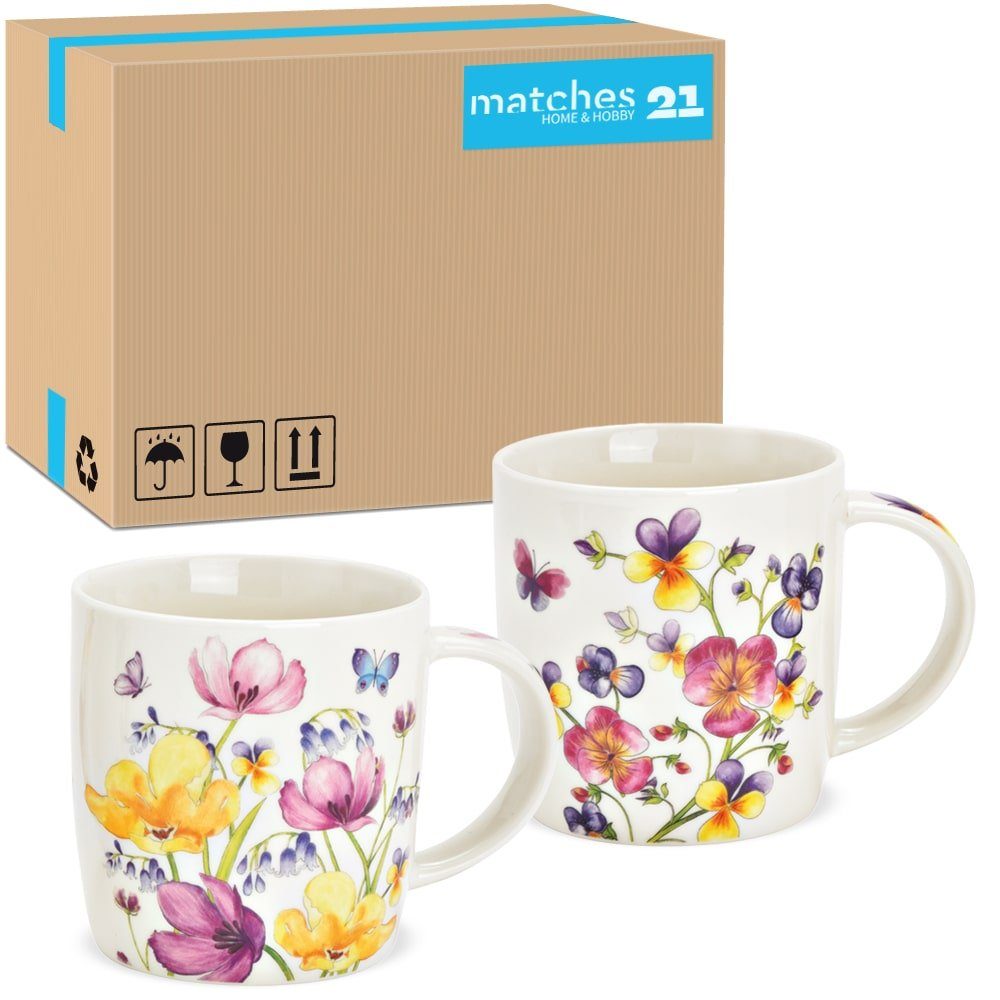 matches21 HOME & HOBBY Becher Tassen Blumenmotiv weiß bunt Porzellan 36 Stk 12x10x9 cm, Porzellan