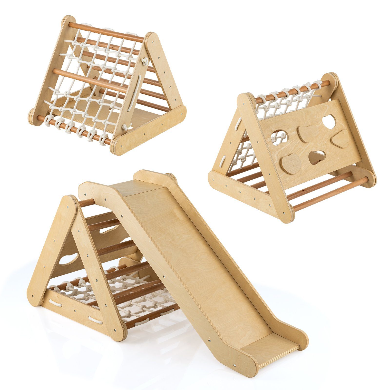 COSTWAY Klettergerüst 4 in 1 Kletterdreieck, mit Rutsche, aus Holz günstig online kaufen