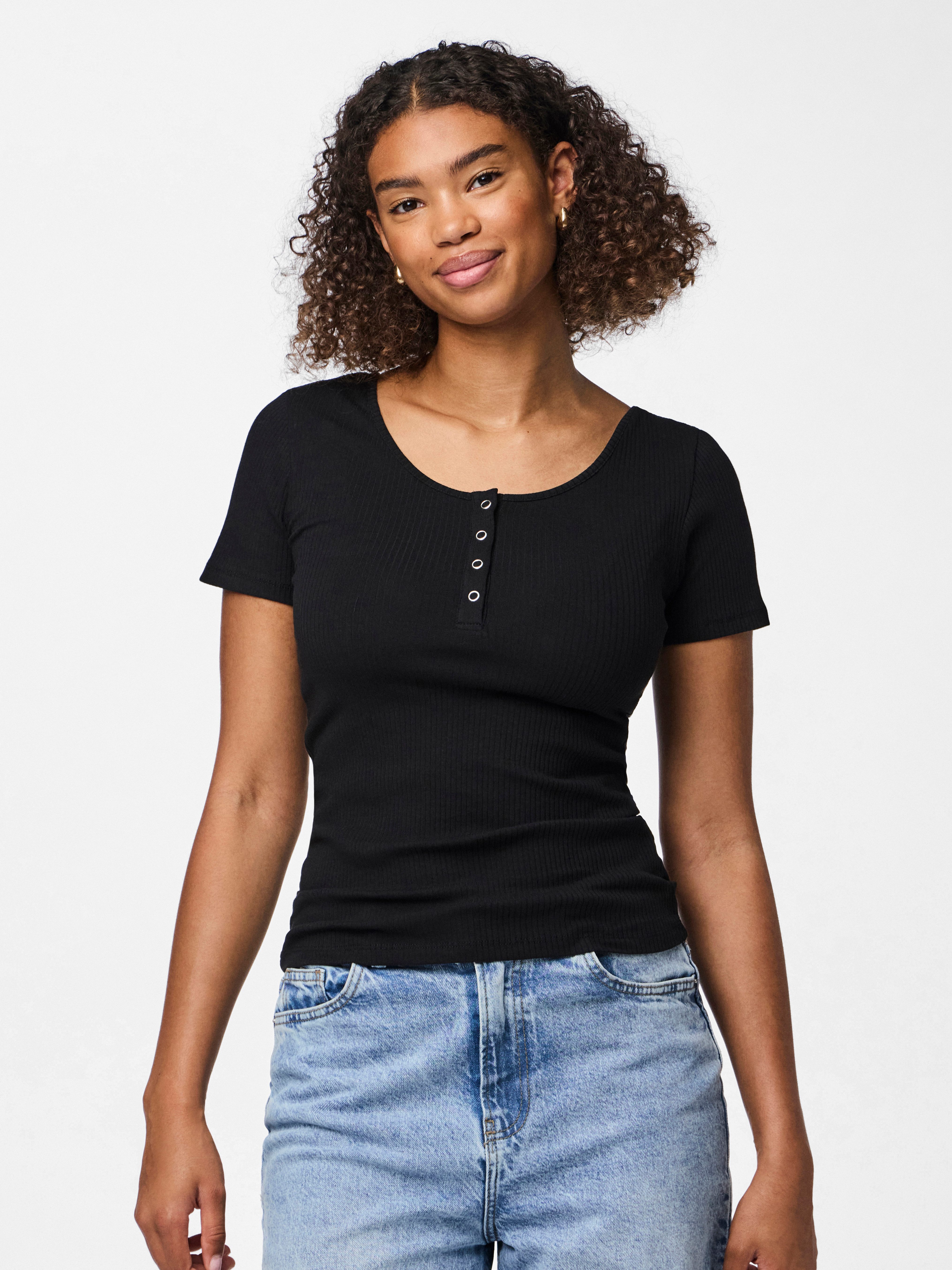 pieces Kurzarmshirt PCKITTE SS TOP NOOS BC Baumwollmischung, slim fit günstig online kaufen