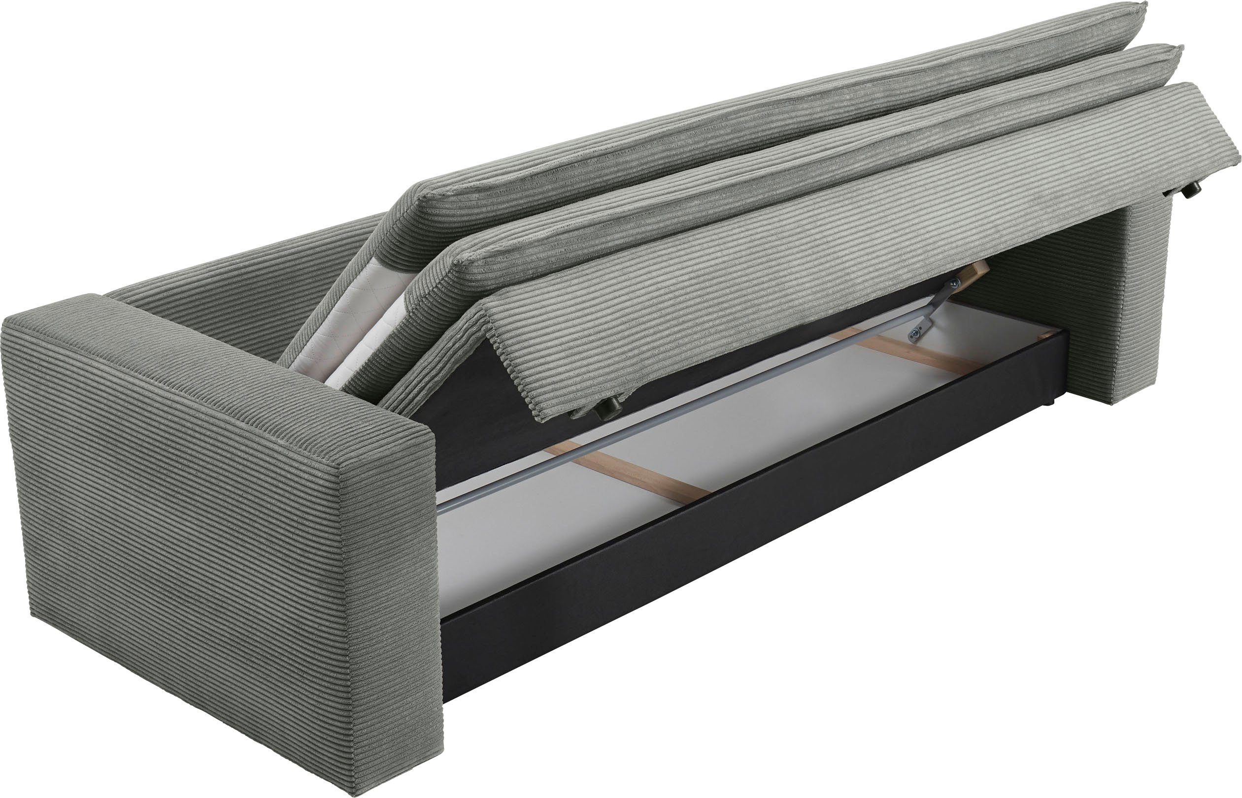 Cord-Bezug - Hellgrau und mit Bettkasten, mit PIAGGE, Topper 3-Sitzer praktischem Places Style of Bettfunktion
