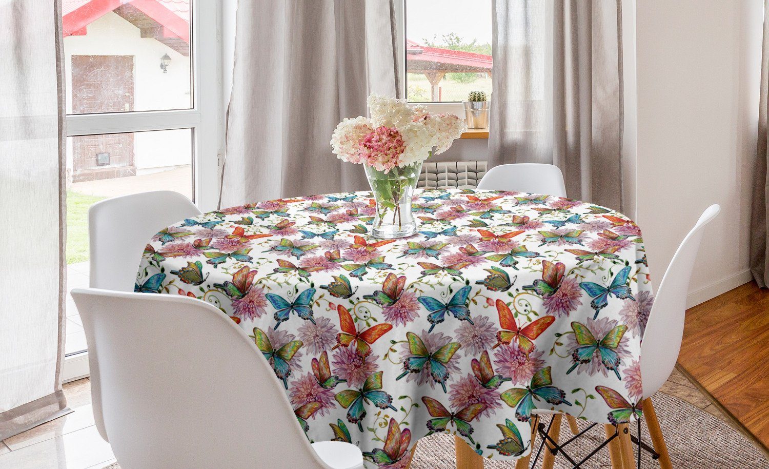 Abakuhaus Tischdecke Kreis Tischdecke Abdeckung für Esszimmer Küche Dekoration, Schmetterling Gartennelken-Weinlese