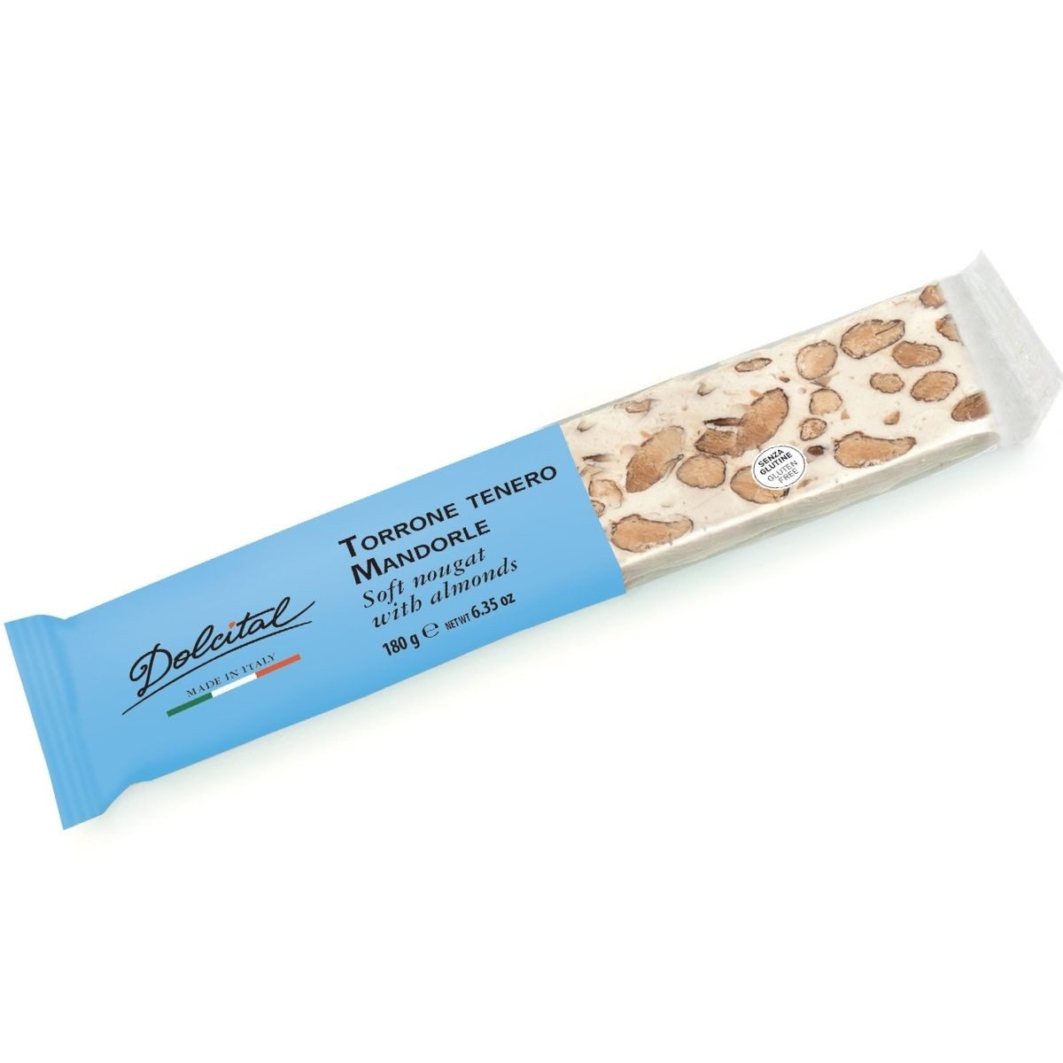 Dolcital Süßigkeit Torrone mit Mandeln, soft, Torrone tenero con Mandorle, weißer Nougat, 180 g, weißer, weicher Nougat