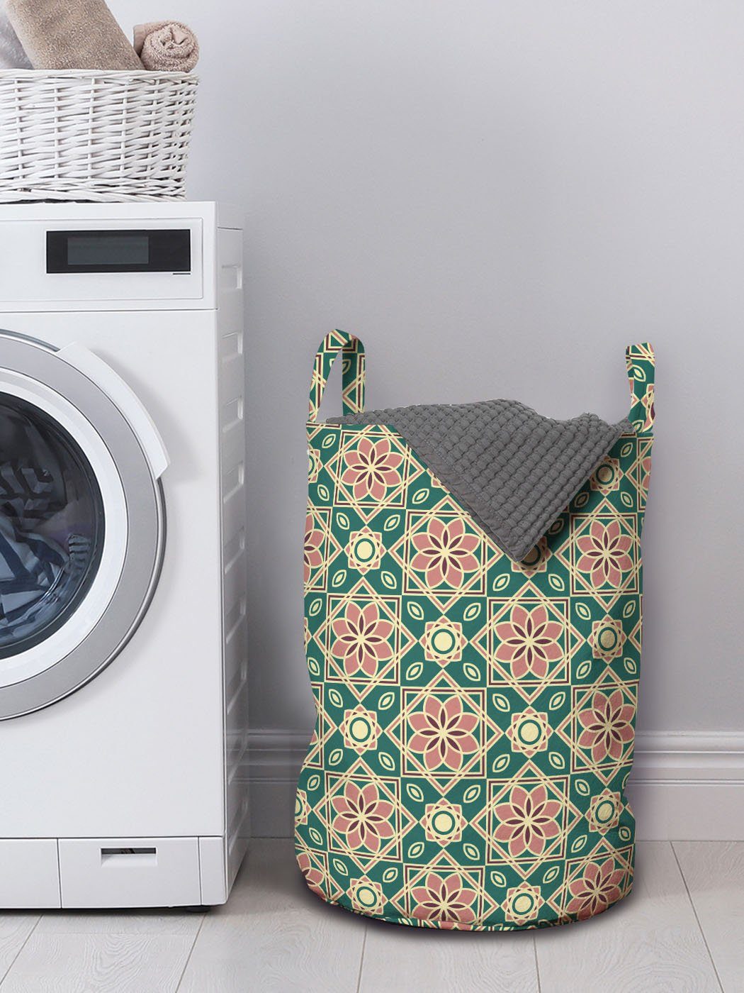 Abakuhaus Wäschesäckchen Mosaik mit Röschen Chevron Waschsalons, Wäschekorb Kordelzugverschluss Griffen orientalisch für