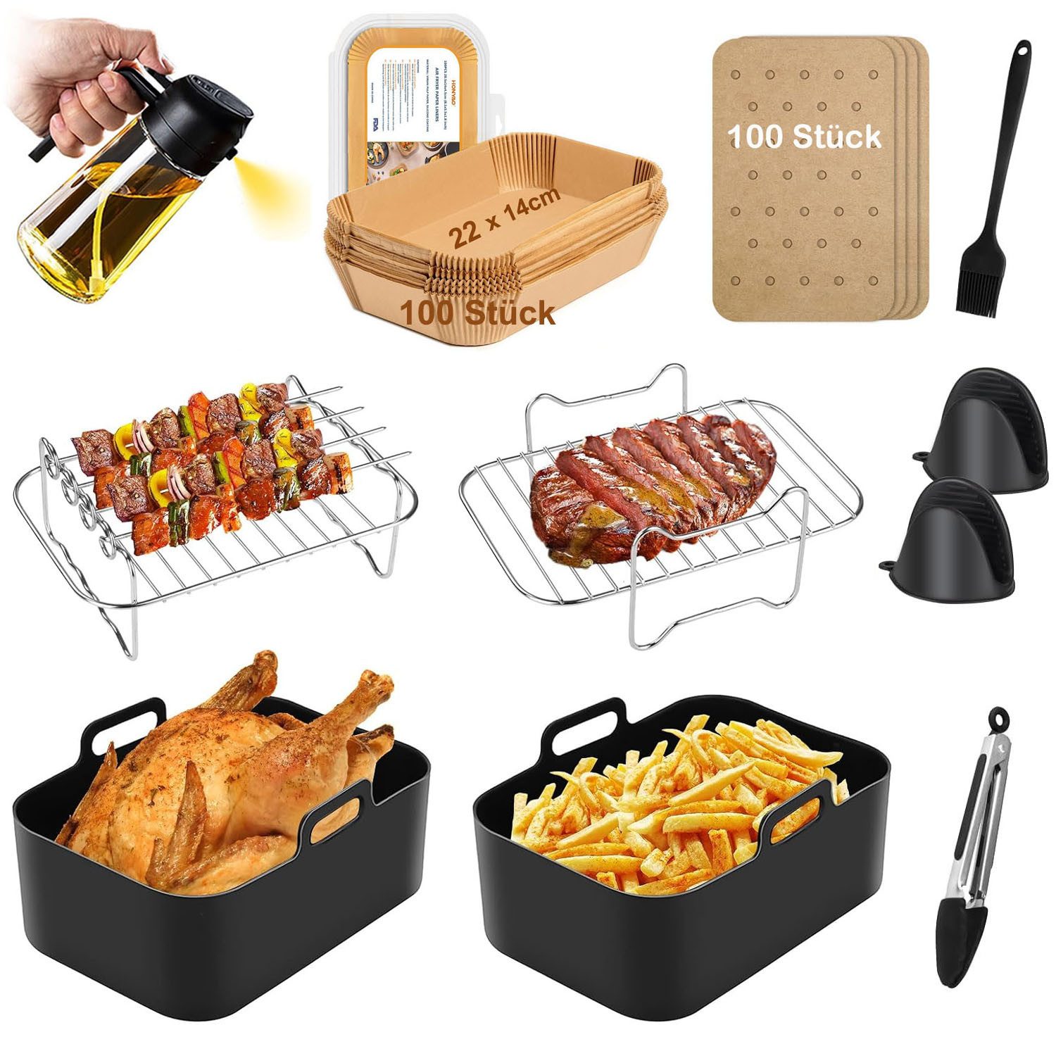 SURFOU Backform Heißluftfritteuse zubehör airfryer zubehör 15-teilig BPA-frei fürNinja, (für Ninja Foodi AF300EU AF400EU 7,6L-9,5L und die meisten Dual Zone Heißluftfritteusen, Schnell zubereitet, gesund, fettarm, 304Edelstahl, Lebensmittelechtes Silikon,