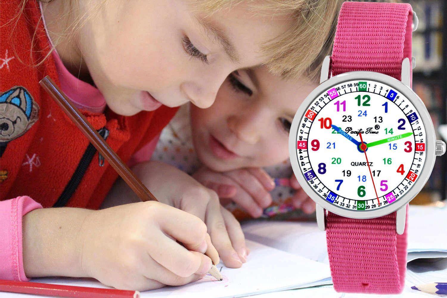 Kinder Kids (Gr. 92 -146) Pacific Time Quarzuhr Lernuhr Mädchen Kinderuhr Set 2 Wechselarmband Armbanduhr rosa 11150, + ein Armb