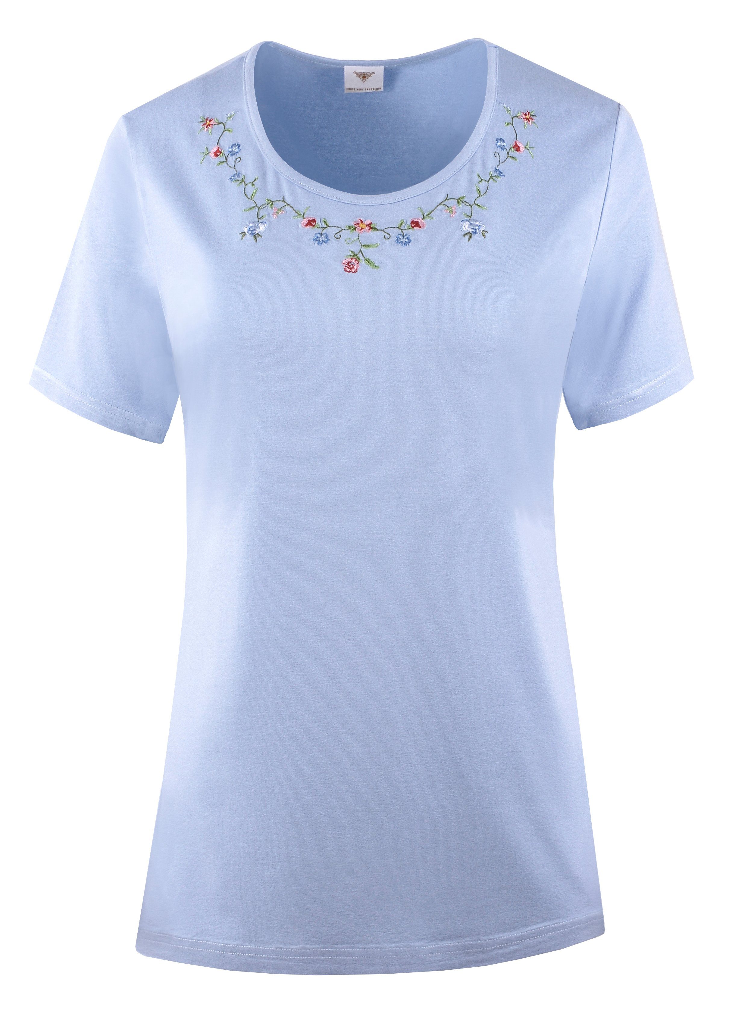 Moschen-Bayern Trachtenshirt Moschen-Bayern Damen Trachtenshirt Shirt Tshirt Trachten T-Shirt Stickerei Blumen Hellblau Blau Shirt, T-Shirt, Trachtenshirt, Tshirt