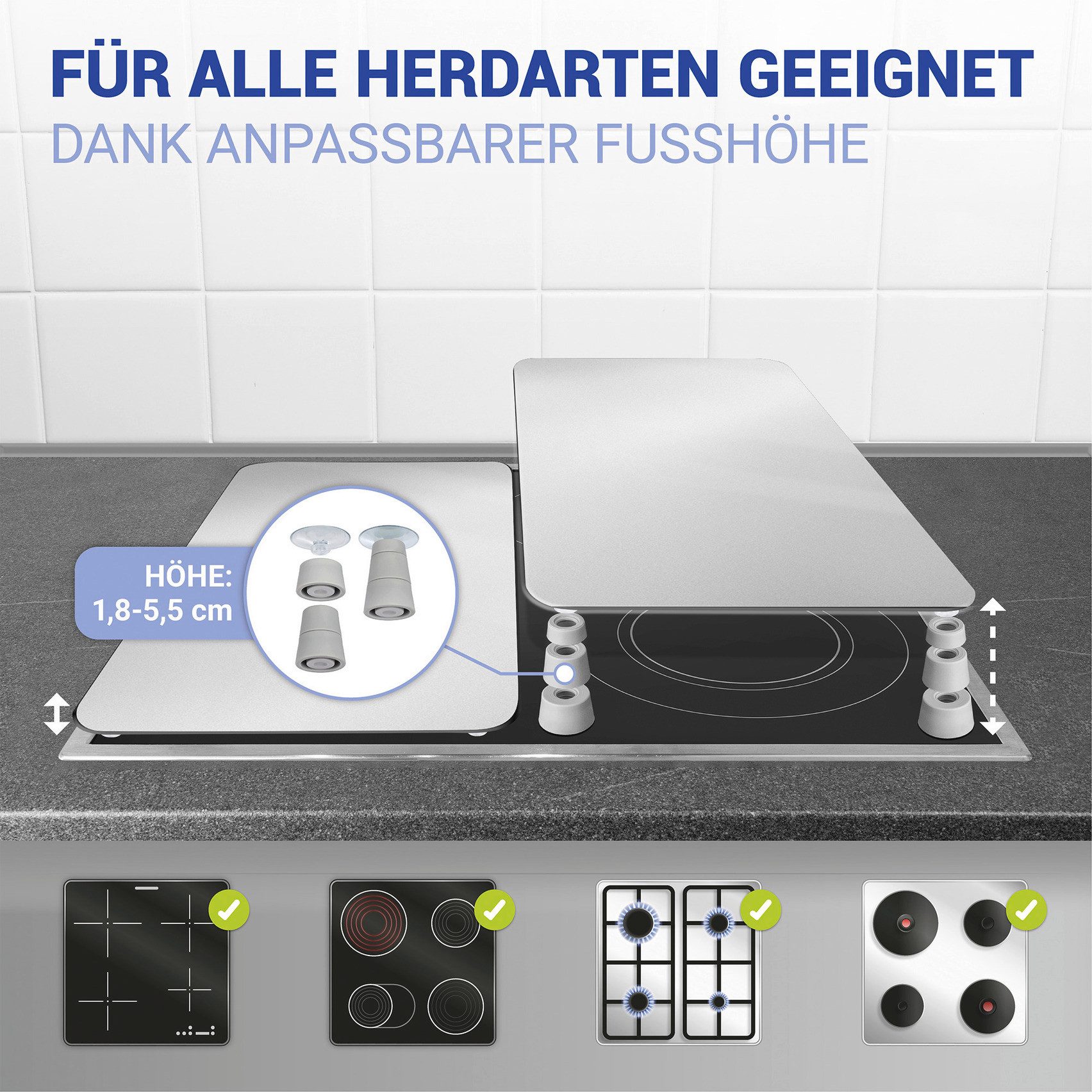 WENKO Herd-Abdeckplatte Universal Modell Silber, Glas, Kunststoff, (Set, 2 tlg), Herdabdeckung für alle Herdarten, kratzfest, mit rutschfesten Füßen