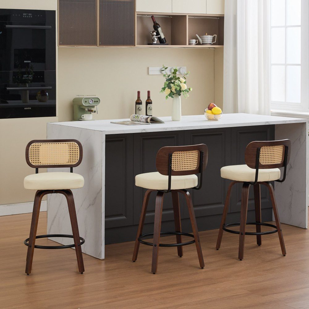 BBWL Polsterstuhl Barhocker Rattan drehbar Set 2/3 mit Cane Rückenlehne, mit gepolstertem Sitz, Walnussholz Beine