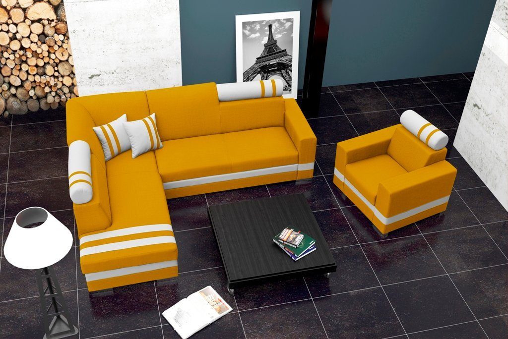 Eck JVmoebel Design Orange/Weiß Couch Schlafsofa Schlafsofa Wohnlandschaft Mit Ecksofa Bettfunktion Polster, Ecksofa