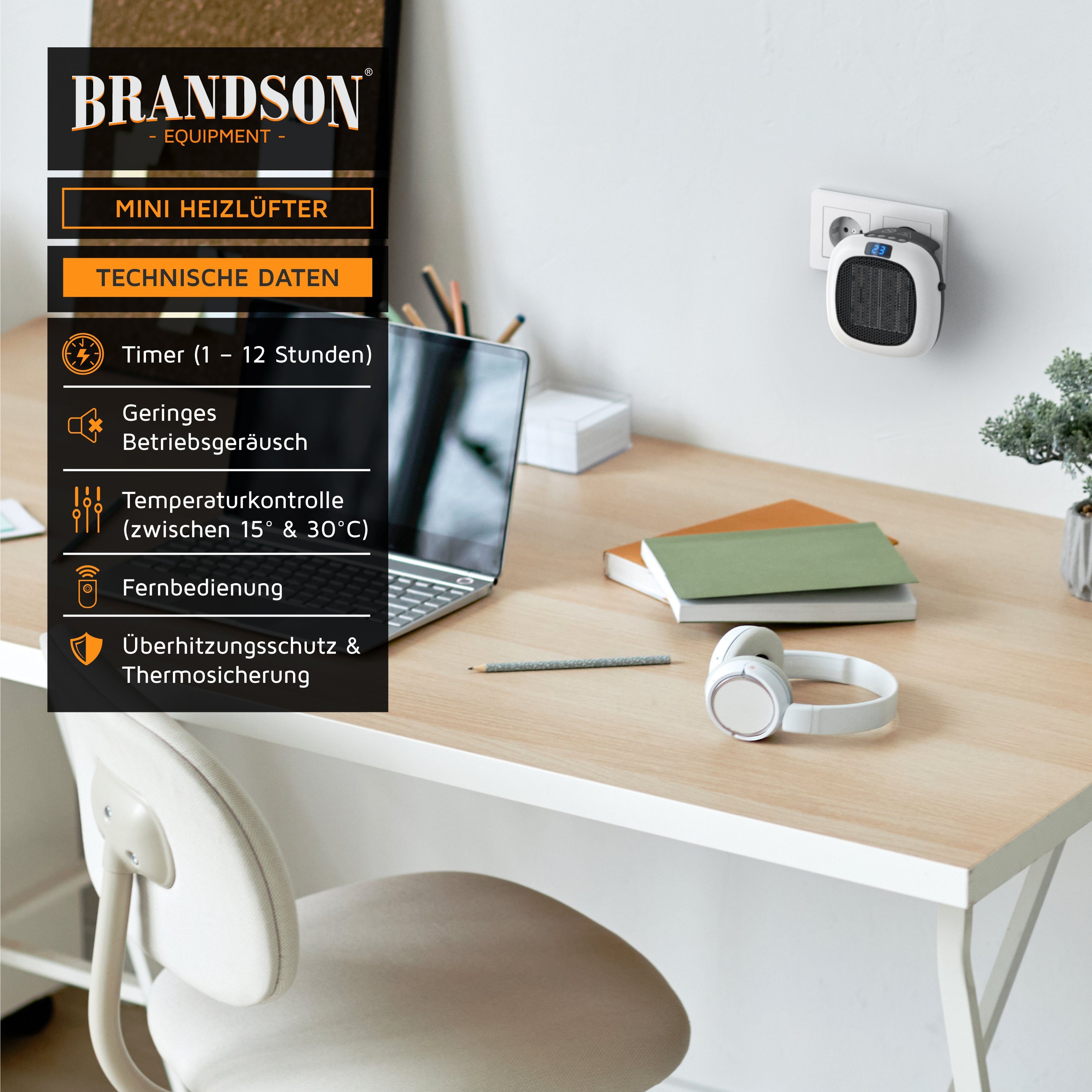 Brandson Keramikheizlüfter Steckdosen Mini Heizlüfter, Mini Keramikheizgerät, Temperaturregelung, 700 W, Mit Fernbedienung, Ventilatorfunktion, Timer und Sicher – Bild 4 von 5