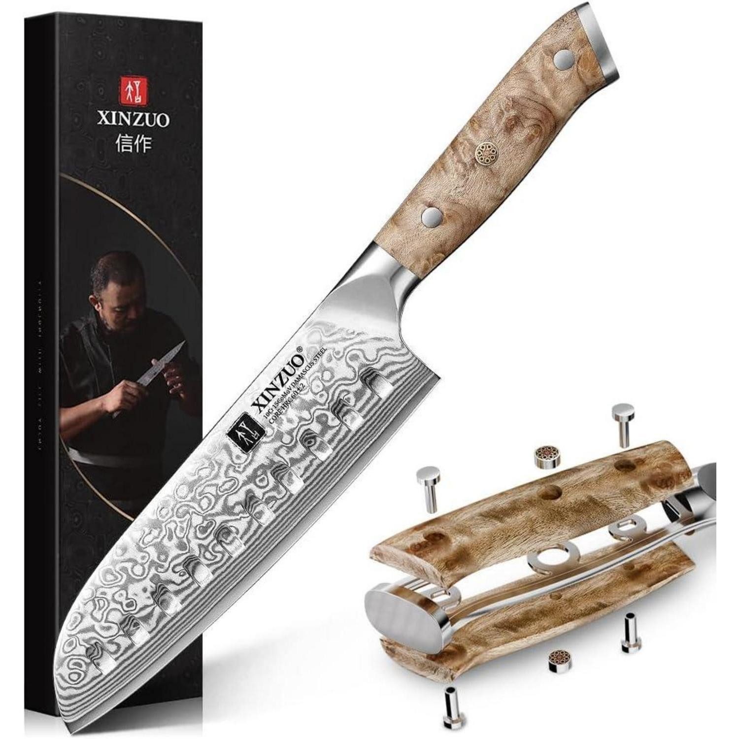 LuxusKollektion Santokumesser Küchenmesser Damaszener 18cm Santokumesser Damaststahl Bergahornholz