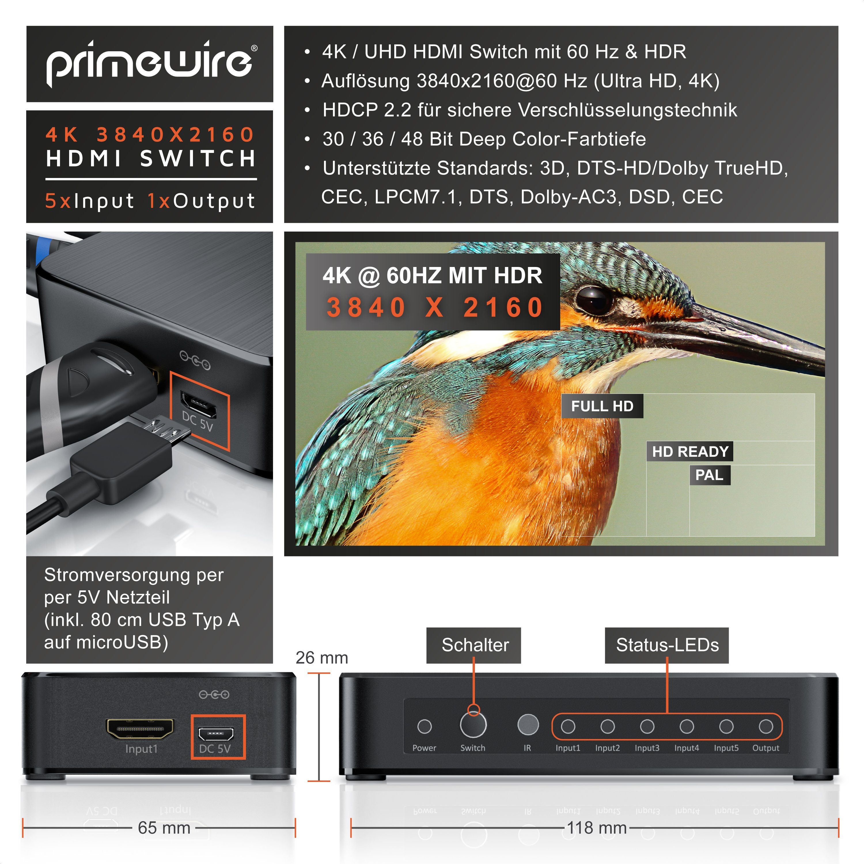 Primewire Audio / Video Matrix-Switch 5-Port Ultra HD 4K HDMI Umschalter mit Fernbedienung - 5x IN/1x OUT, Alu Verteiler HDMI 2.0b Ultra HD 4096x2160 3840x2160, HDR, 3D, 48 Bit