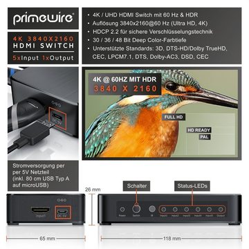 Primewire Audio / Video Matrix-Switch, 5-Port Ultra HD 4K HDMI Umschalter mit Fernbedienung - 5x IN/1x OUT