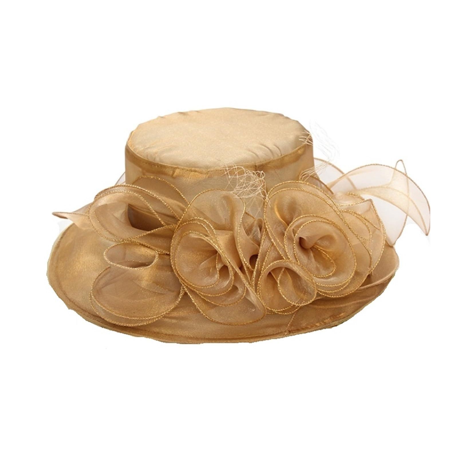 Bwecuy Sonnenhut Damenhut mit breiter Krempe, Blumen- und Blattdekor ideal für Hochzeit, Kirche und Tea Party
