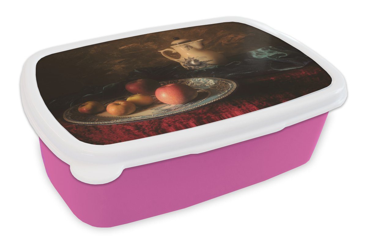 MuchoWow Lunchbox Malerei - Stilleben - Teekanne - Äpfel, Kunststoff, (2-tlg), Brotbox für Erwachsene, Brotdose Kinder, Snackbox, Mädchen, Kunststoff rosa