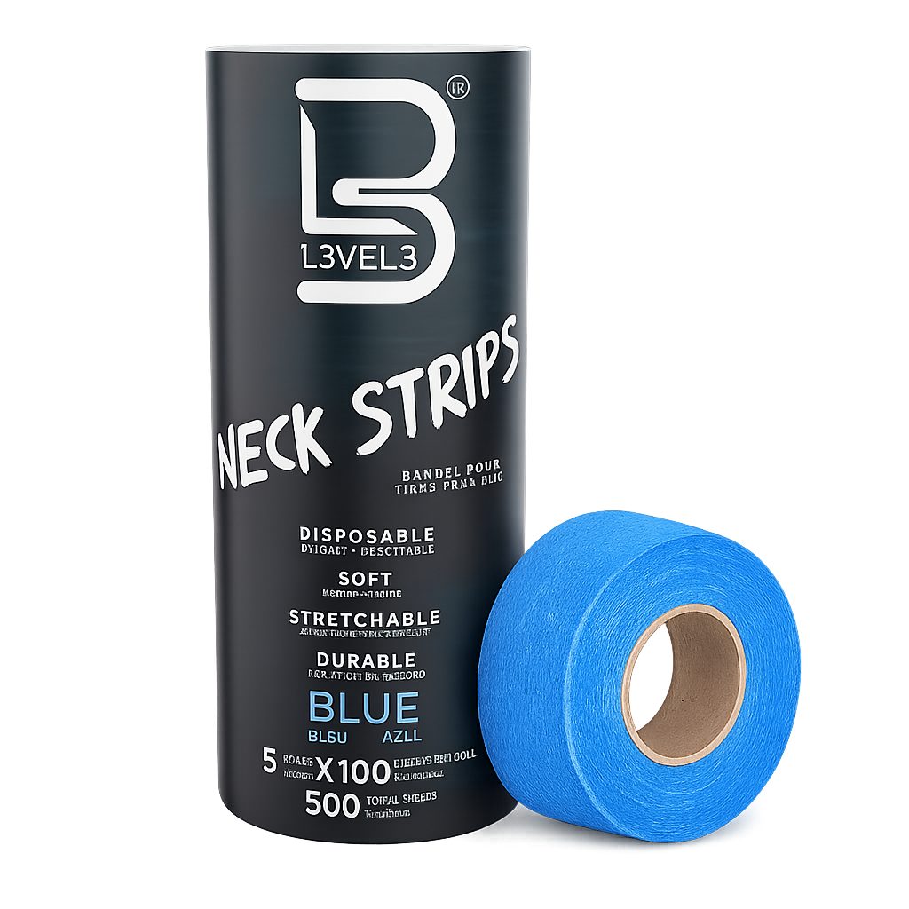 L3VEL3™ Distribution and Corporate Kittelschürze L3VEL3 – Barber Neck Strip – Blaue Friseurkragen, 500 Stück, (Einweg, 500-tlg., 5 Rollen mit jeweils 100 Stück), Einweg, elastisch, strapazierfähig, hygienisch, auf Rolle