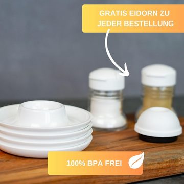 Thiru Eierbecher Weiß Premium Stapelbar inkl. Eidorn im 6er Set, BPA frei, inklusive Eidorn, mit Ablage, 6er Set, stapelbar