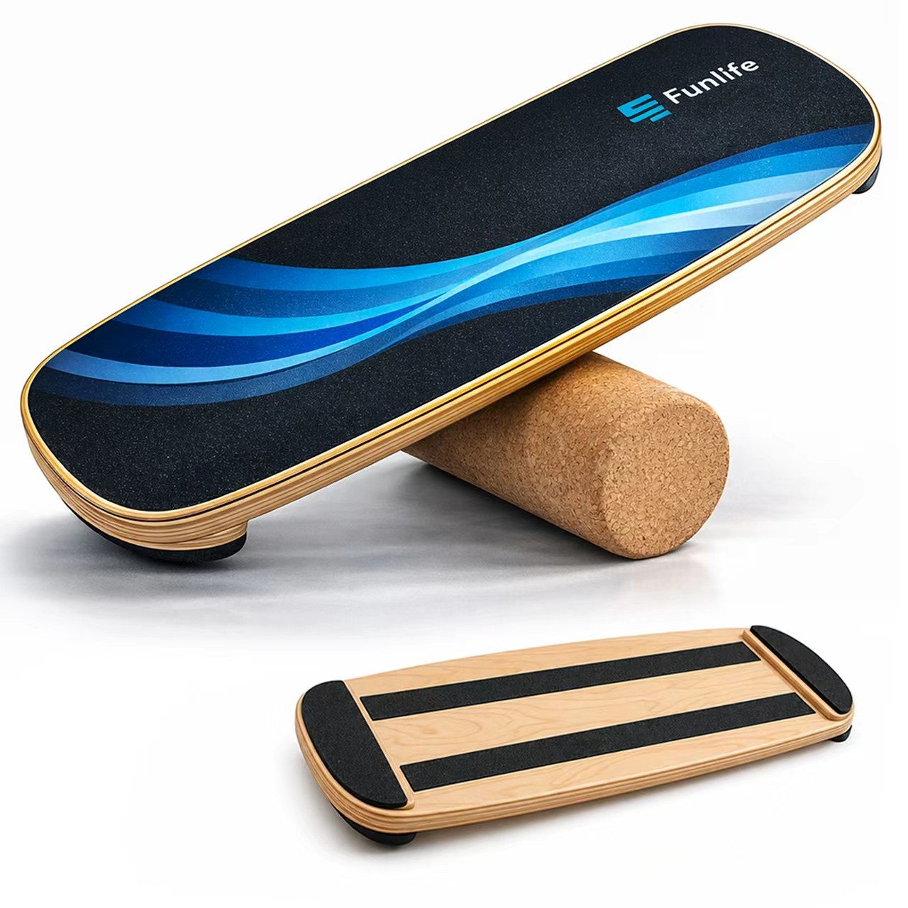 FunLife Balanceboard Design-Edition – einzeln oder mit 3 Widerstandsbändern, Wackelbrett aus Birkenholz mit Korkrolle, bis 150 kg belastbar
