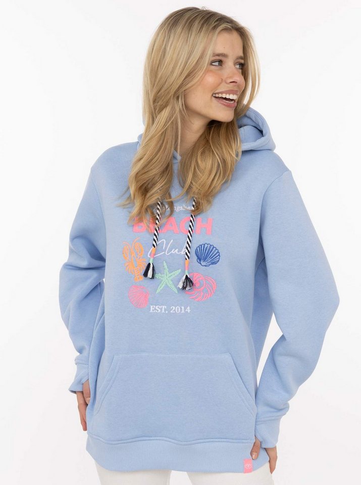 Zwillingsherz Hoodie "Beach Club" Muschel-Motiv, Kapuze mit bunter Kordel, Kängurutasche