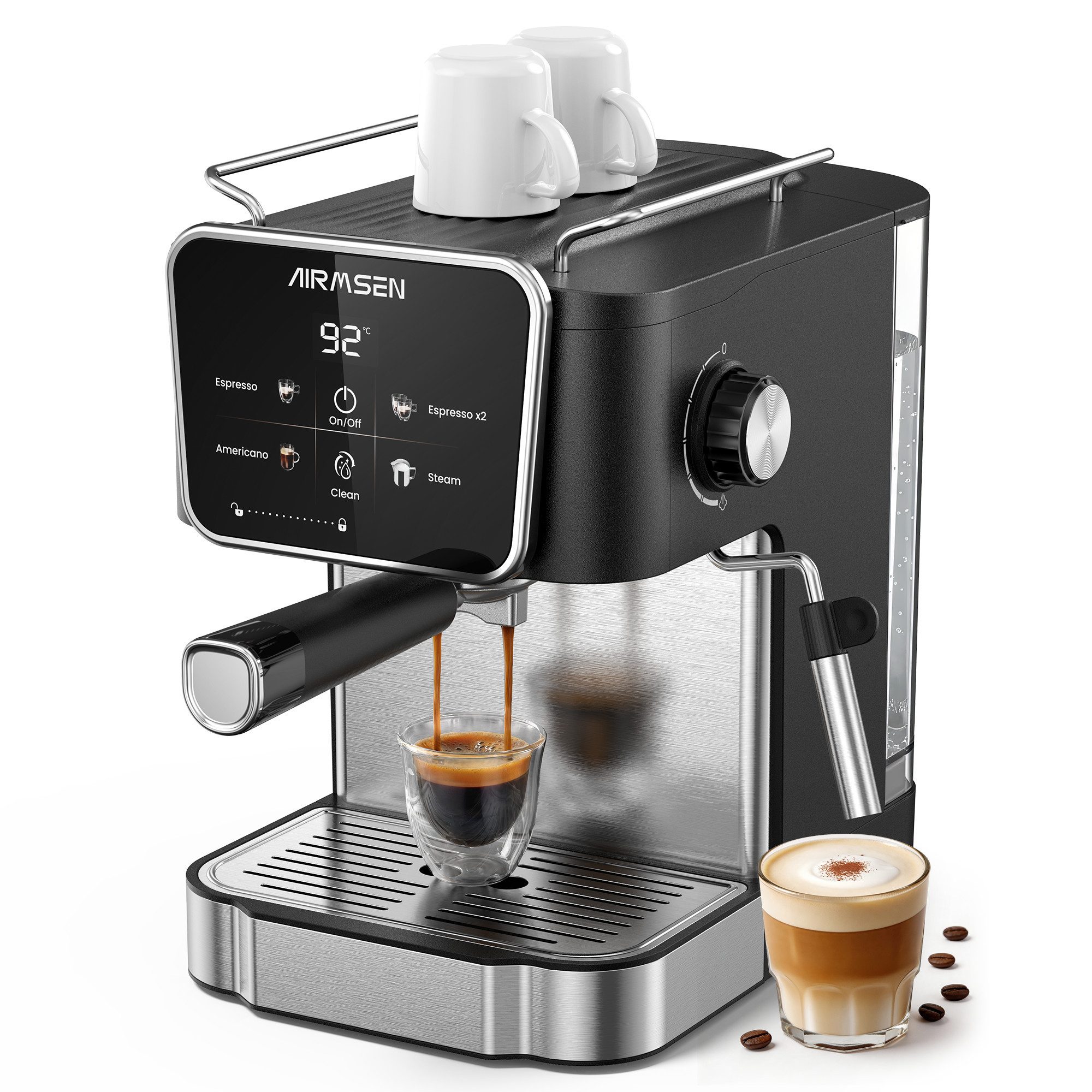 Airmsen Espressomaschine 20 Bar Siebträgermaschinen mit Milchaufschäumdüse,LCD-Touchscreen, 1.8L Wassertank, für Espresso, Cappuccino & Latte Macchiato für Zuhause