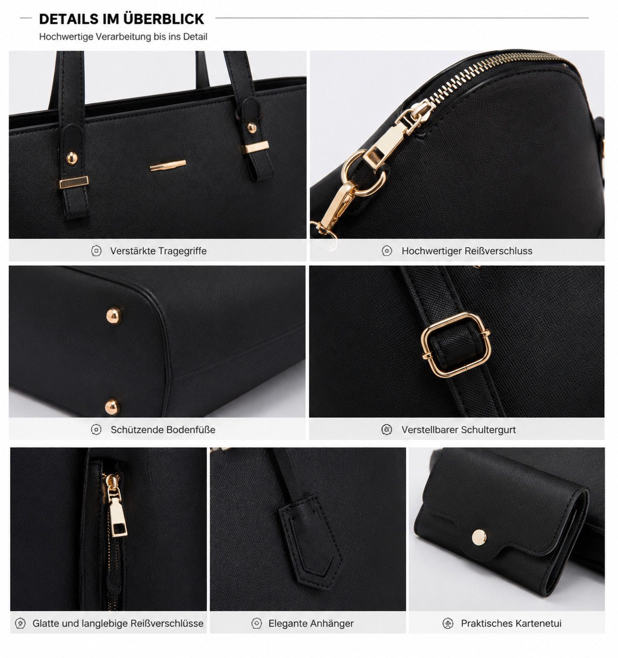 Fyrove Henkeltasche Damen Tasche Set 4-teilig Shopper Handtasche Schultertasche Schwarz (Vielseitiges Taschen Set mit Shopper, Crossbody Tasche, Clutch und Kart – Bild 5 von 5
