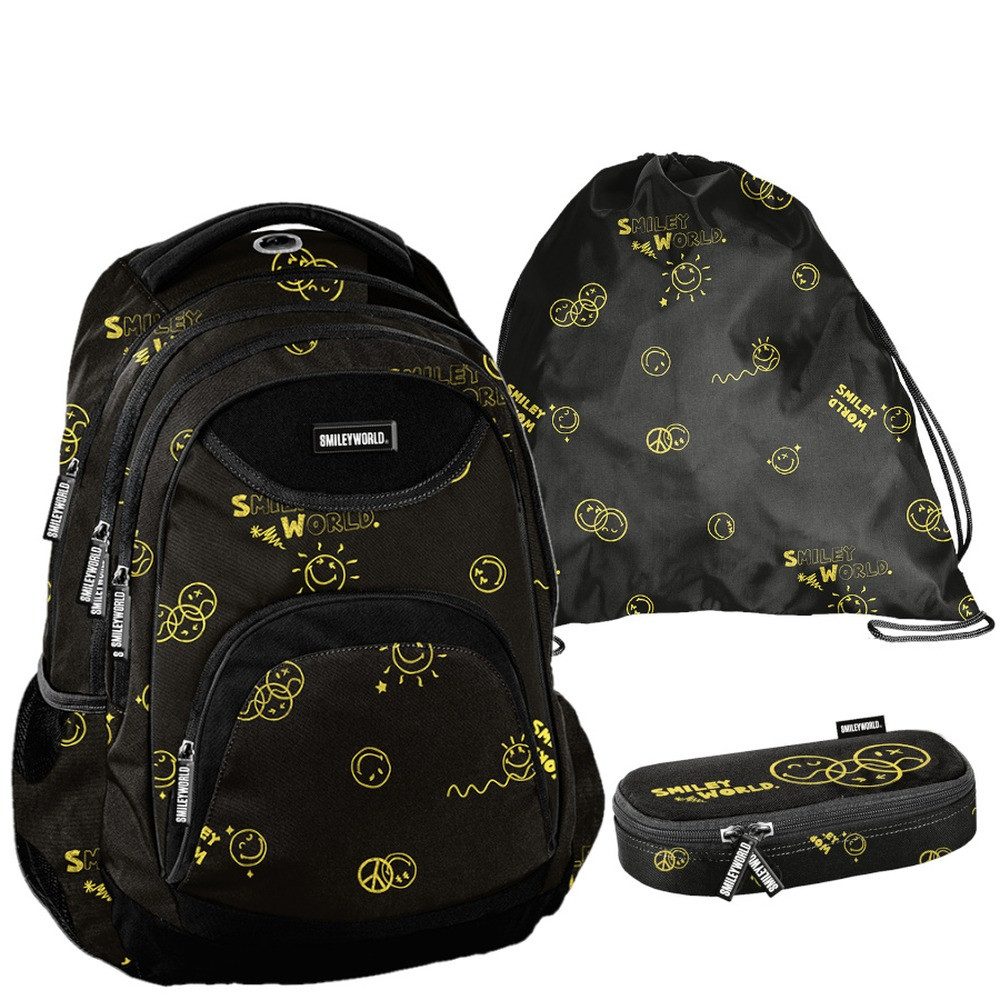 PASO Schulrucksack (Schulset, 3-tlg), Smiley Schulset 3-teilig – Schwarz, Gelb