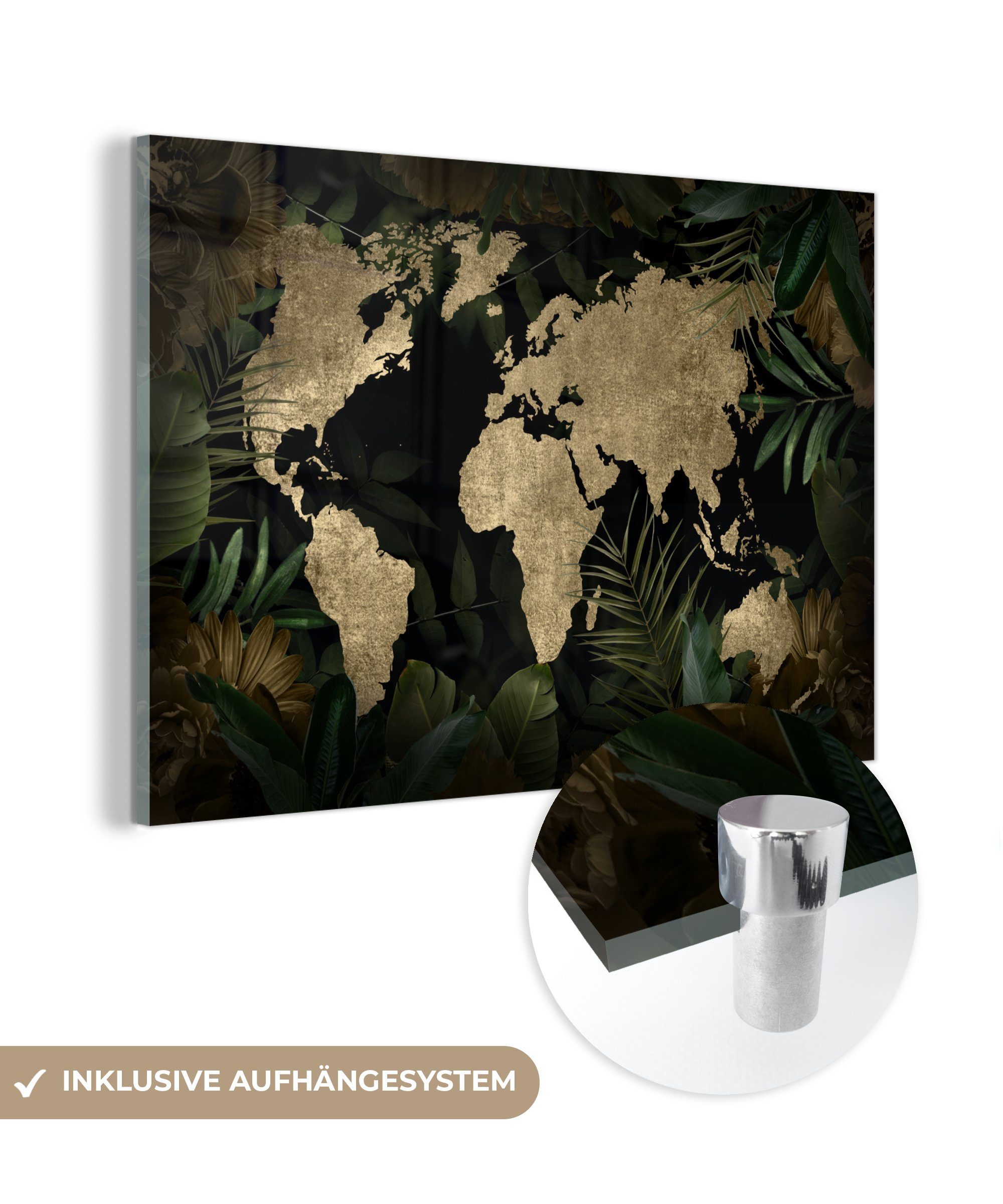 MuchoWow Acrylglasbild Weltkarte - Vintage - Tropische Pflanzen, (1 St), Glasbilder - Bilder auf Glas Wandbild - Foto auf Glas - Wanddekoration