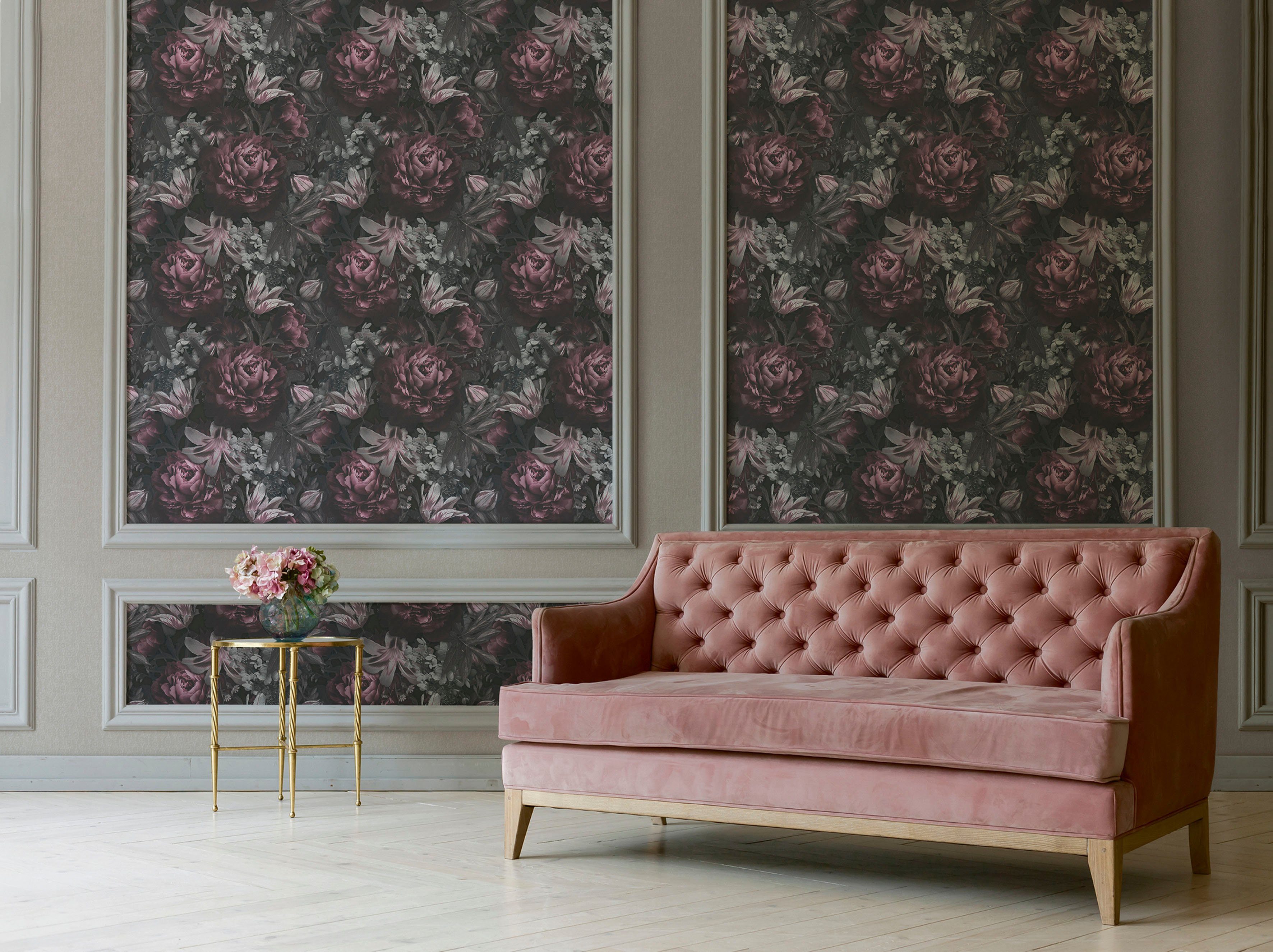 Rosen matt, rosa/grau/schwarz (1 glatt, Blumentapete PintWalls Création Floral, St), Vliestapete A.S.