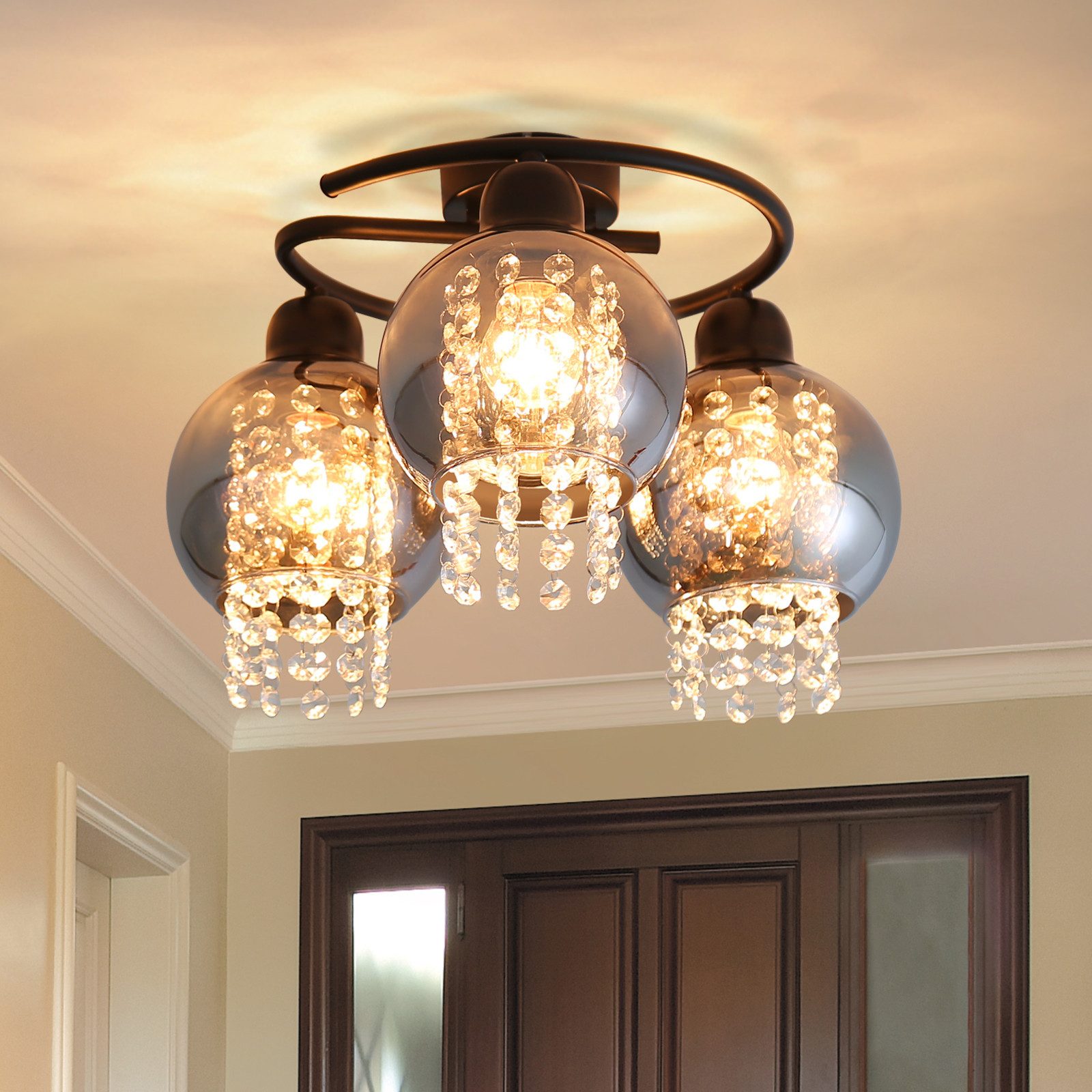 Nettlife Deckenleuchte Schlafzimmer E27 Rauchgrau Glas Kristall Modern Essz günstig online kaufen